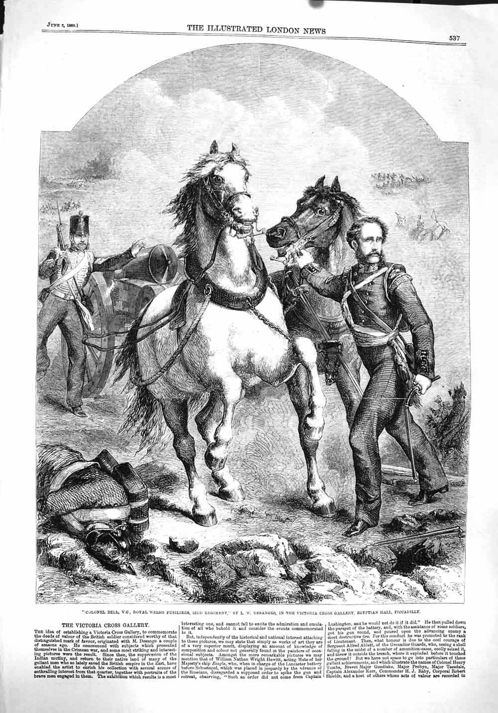 Original Old Antique Print 1860 Colonel Bell Royal Welsh Fusiliers War Sier