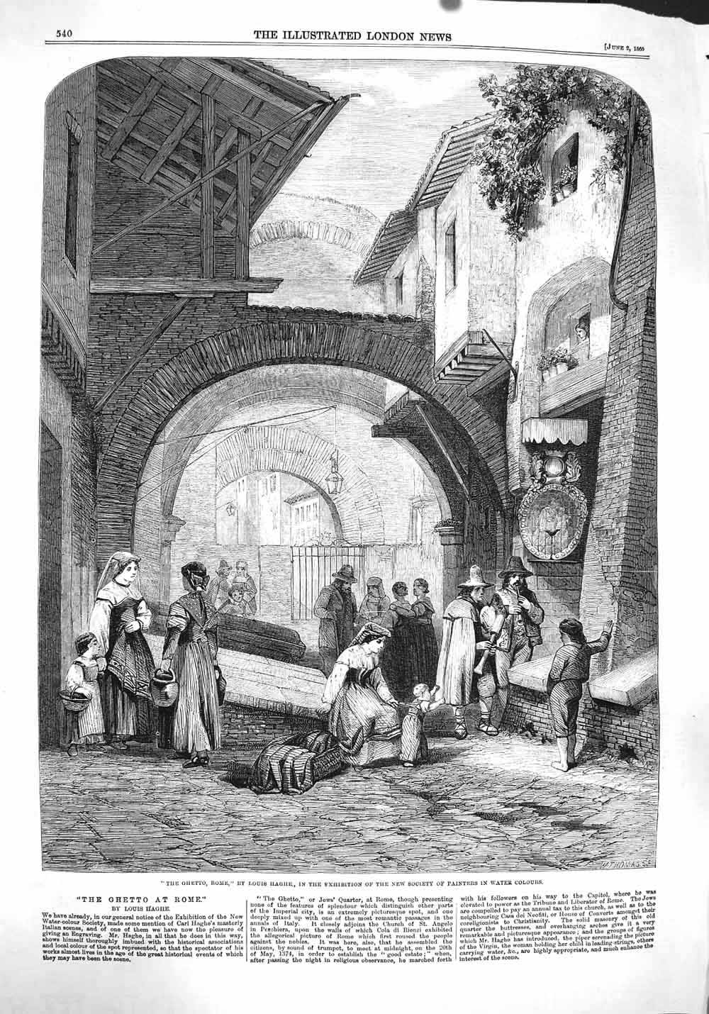 Original Old Antique Print 1860 Scene Ghetto Rome Street People 19th