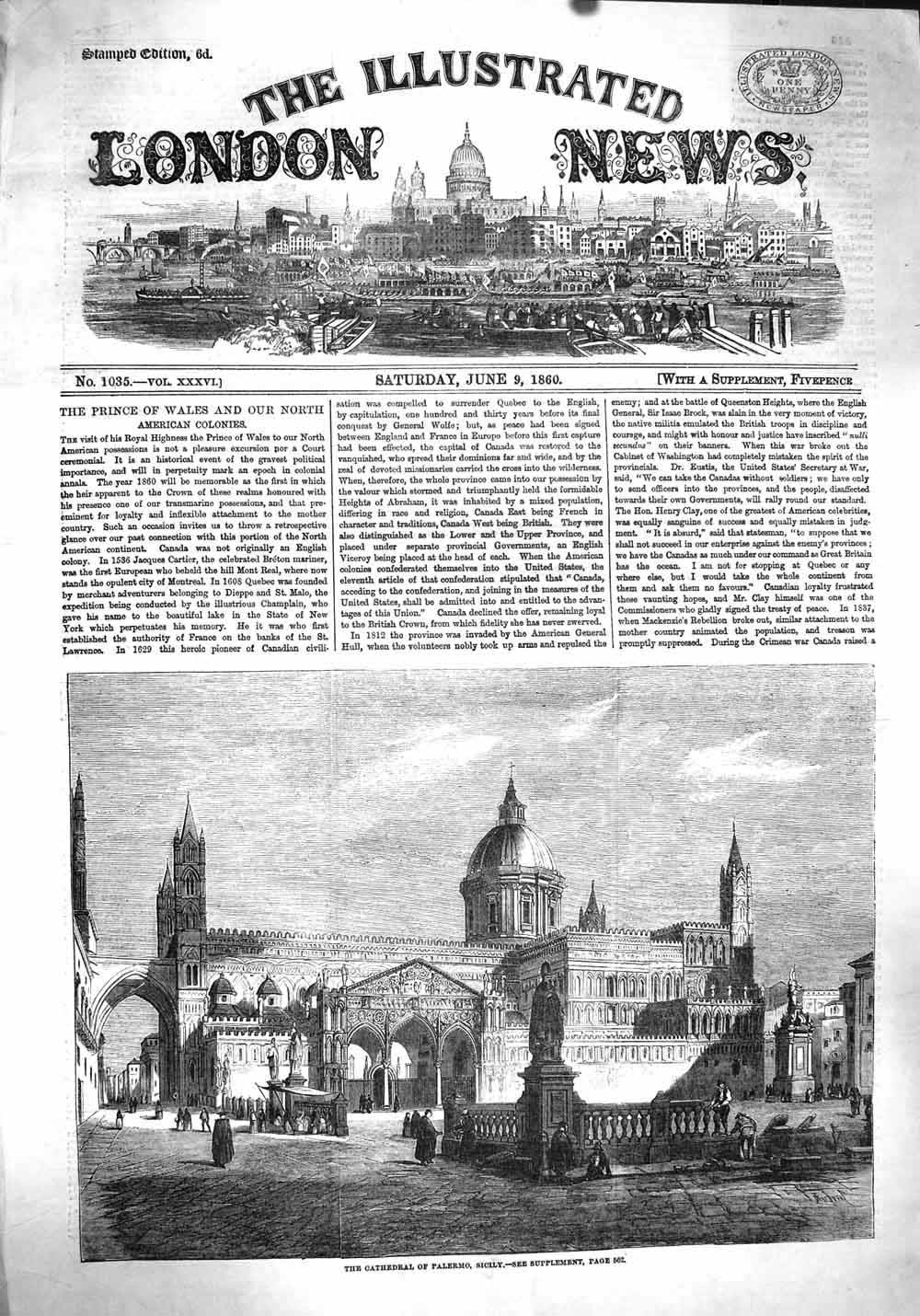 Original Old Antique Print 1860 Cathedral Palermo Sicil 19th Century