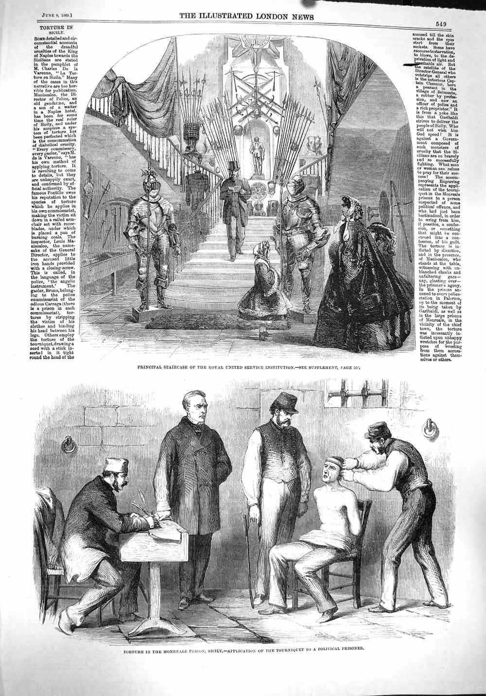 Old Antique Print 1860 Staircase Royal Service Institution Prison Sicily 19th