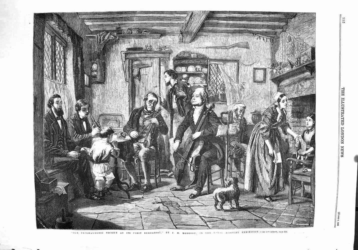 Old Antique Print 1860 Philharmonic Society Rehearsal Music Instruments 19th