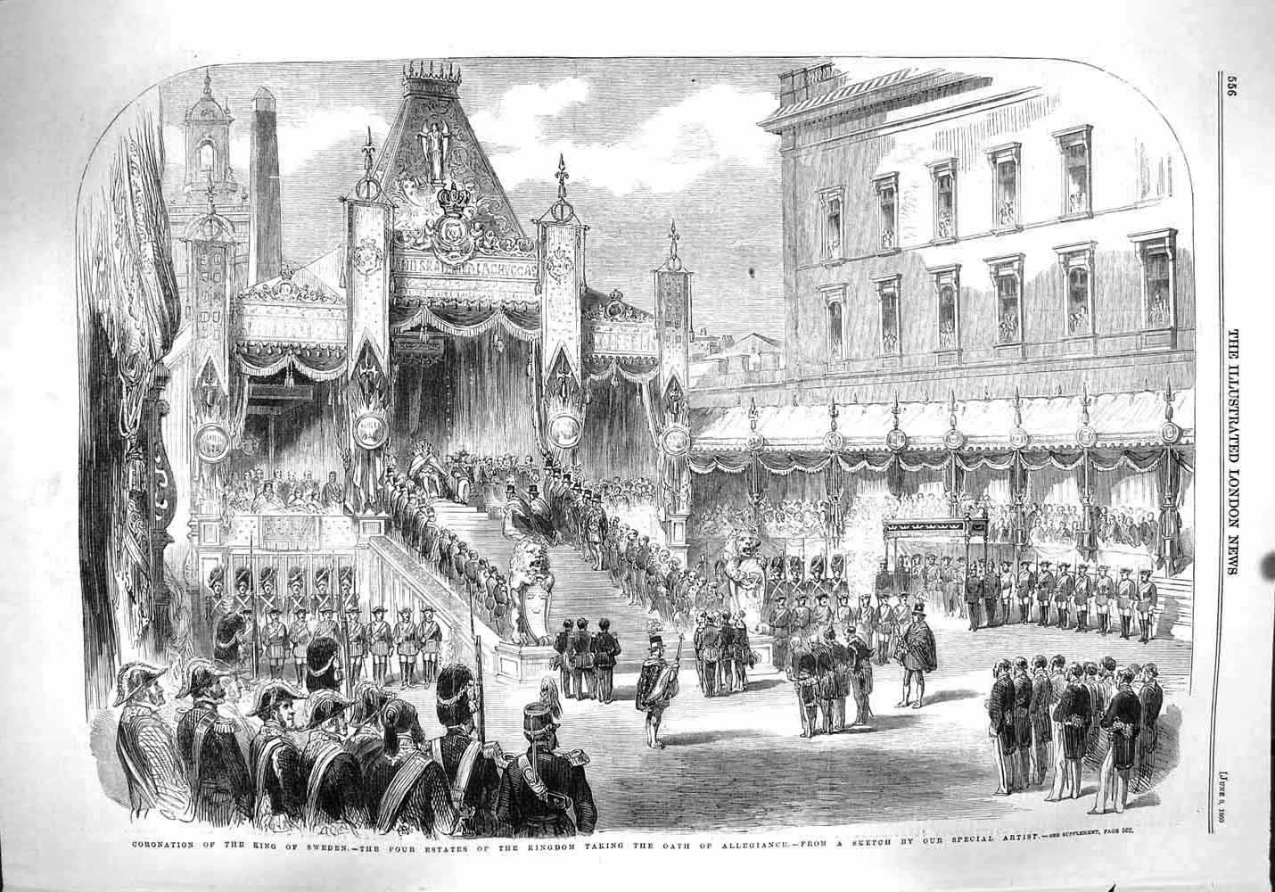 Original Old Antique Print 1860 Coronation King Sweden Oath Allegiance Estates