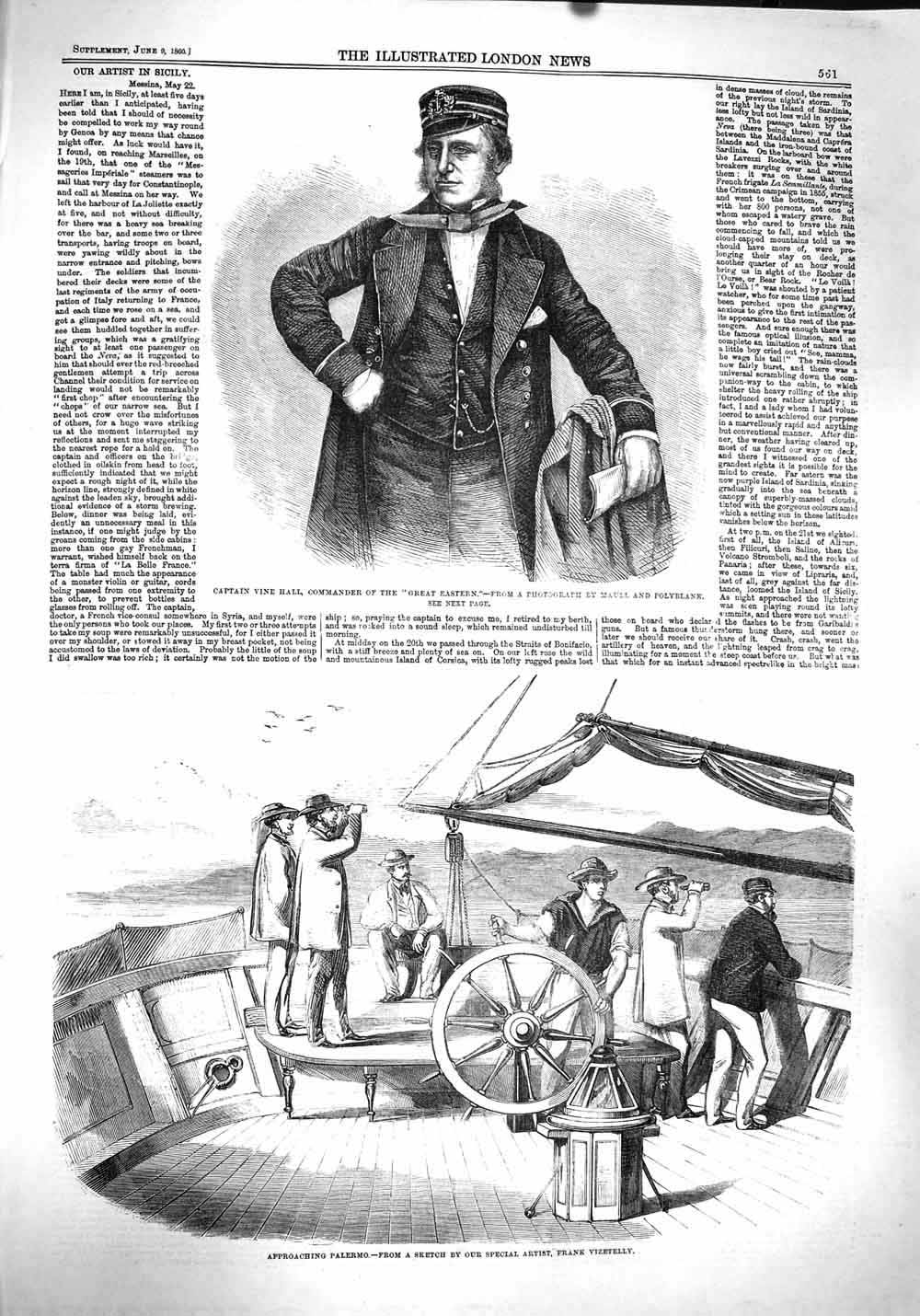 Original Old Antique Print 1860 Captain Vine Hall Great Eastrn Ship Palermo War