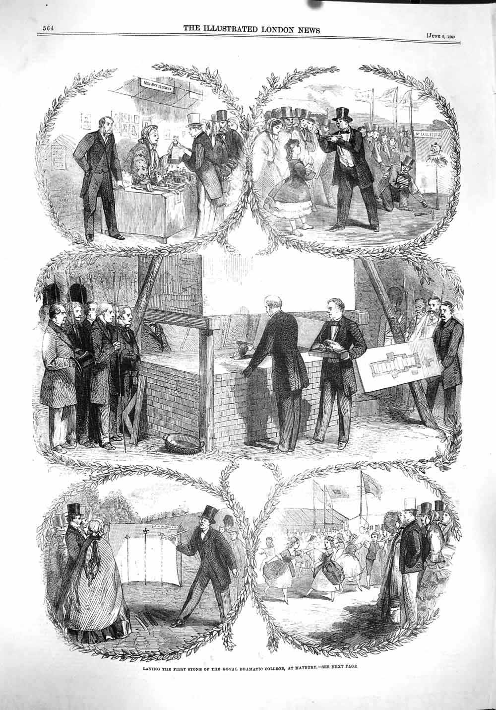 Original Old Antique Print 1860 Foundation Stone Royal Dramatic College Maybury