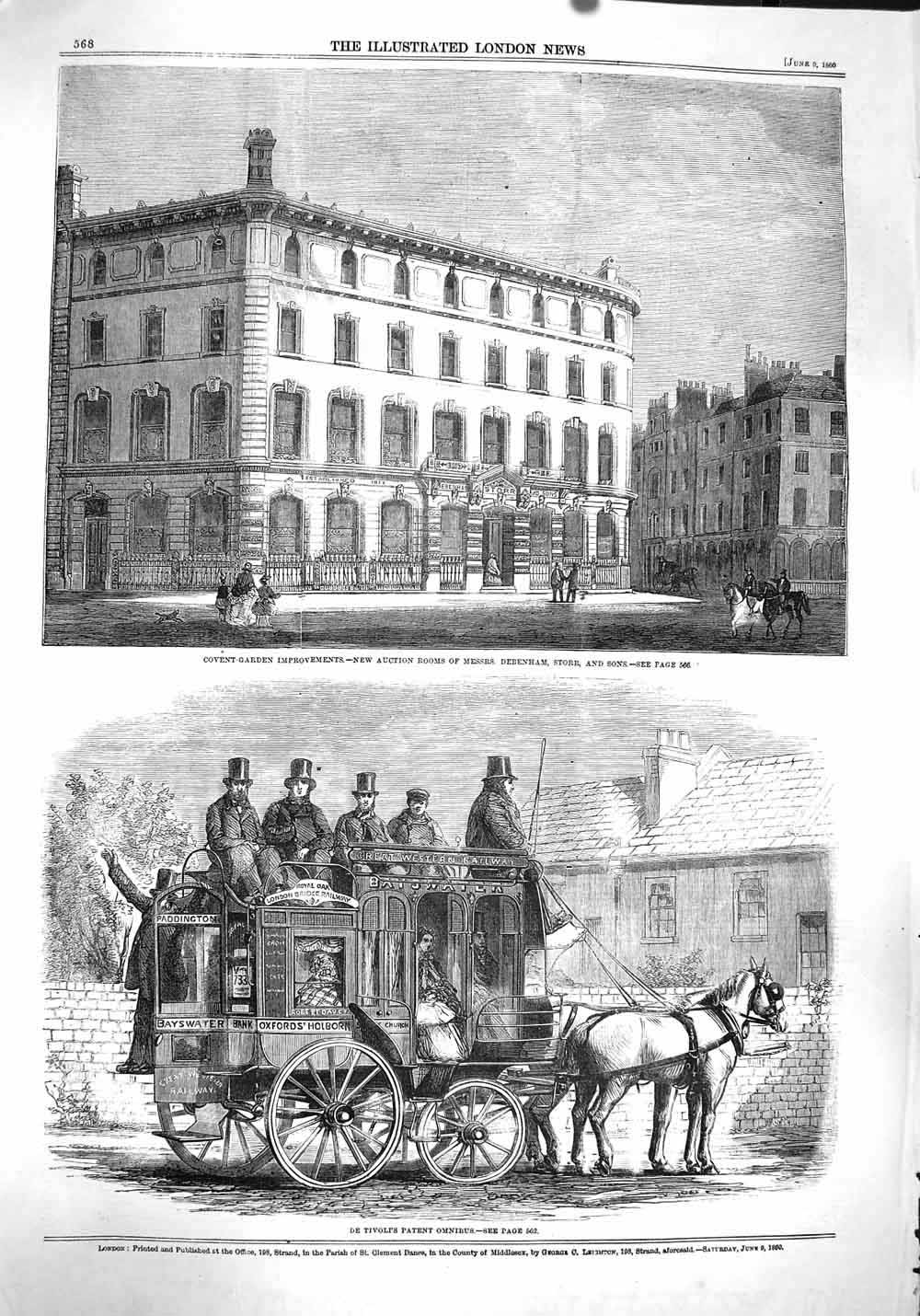 Old Antique Print 1860 Covent Garden Debenham Storr Tivoli Patent Omnibus 19th