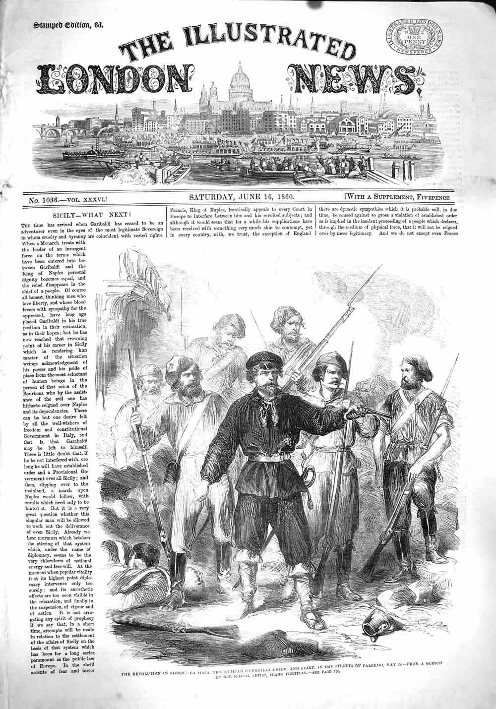 Original Old Antique Print 1860 Sicliy La Masa Guerilla Chief Palermo Rev 19th