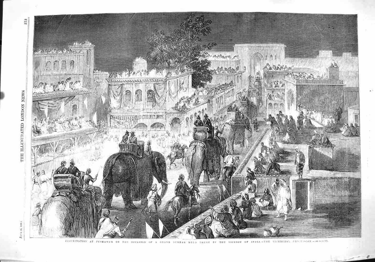 Original Old Antique Print 1860 Viceregal Procession Peshawur Grand Durba 19th