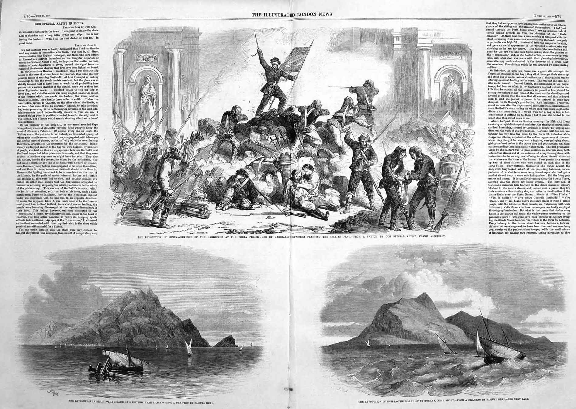 Old Antique Print 1860 Sicily Barricade Porta Felice Favignana Maritimo 19th
