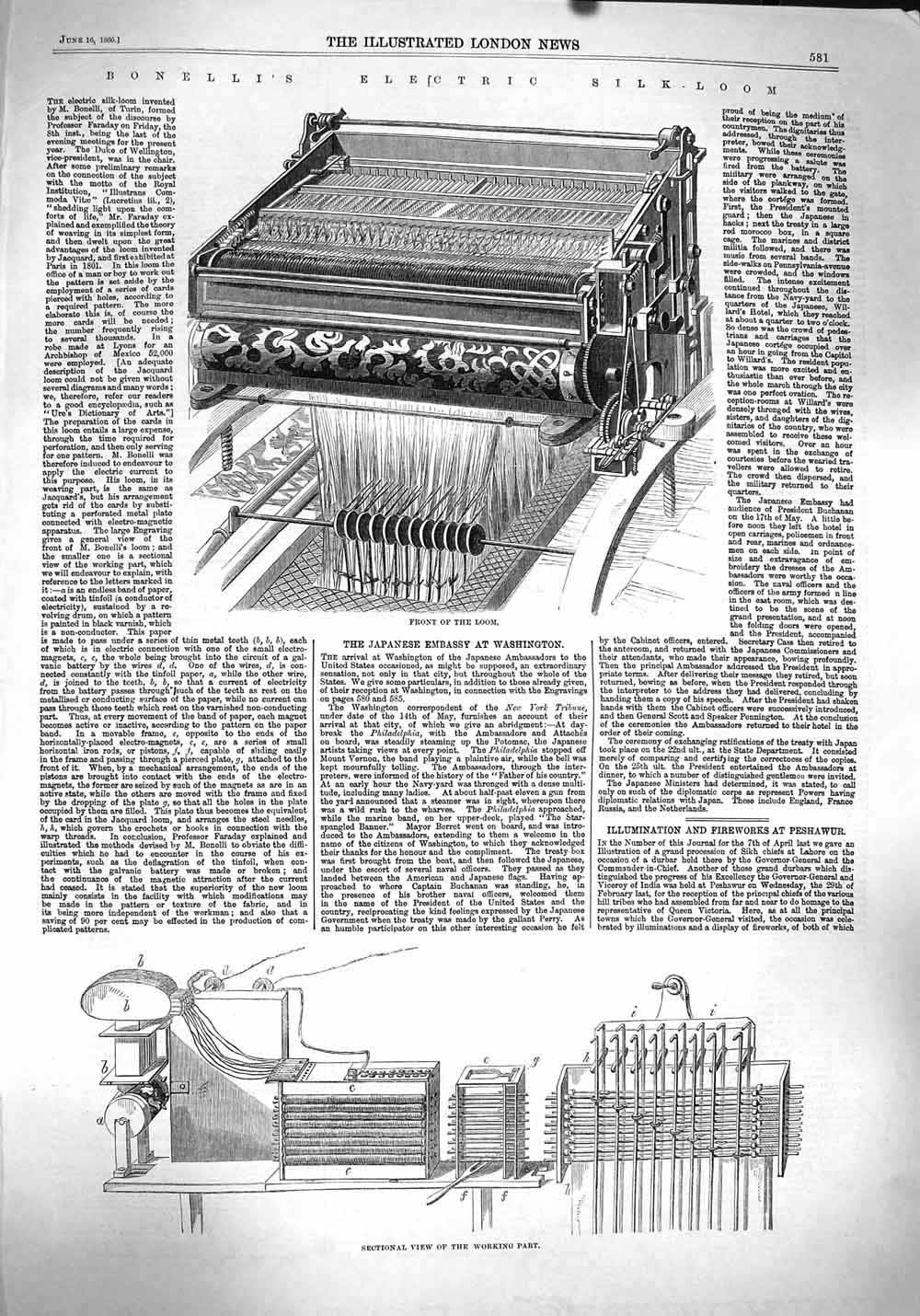 Original Old Antique Print 1860 Bonelli'S Electric Silk Loom Working Machinery