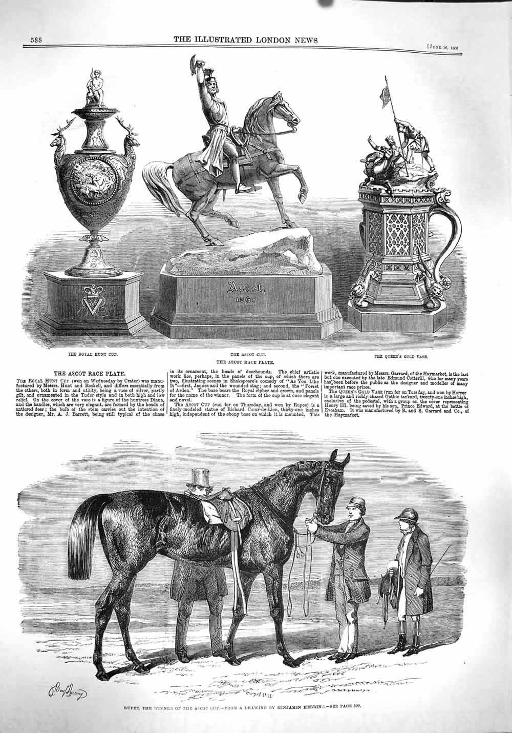 Original Old Antique Print 1860 Ascot Race Plate Rupee Horse Queen'S Vase Royal