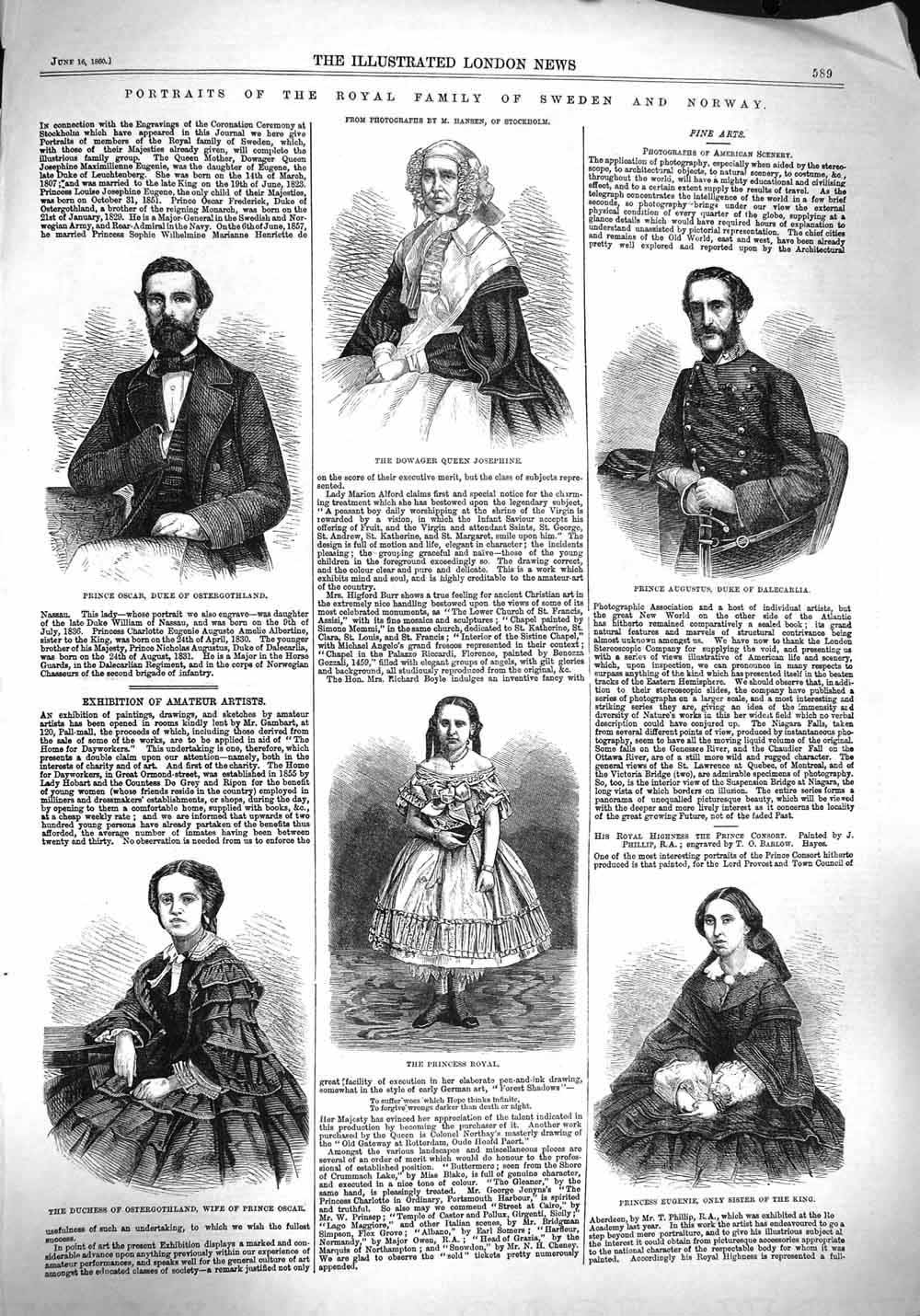 Old Antique Print 1860 Royal Sweden Josephine Eugenie Ostergothland Duke 19th