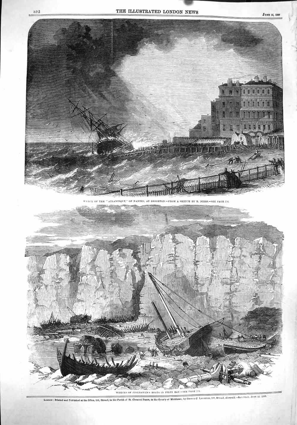 Original Old Antique Print 1860 Ship Wreck Atl Nantes Brighton Filey Boats 19th