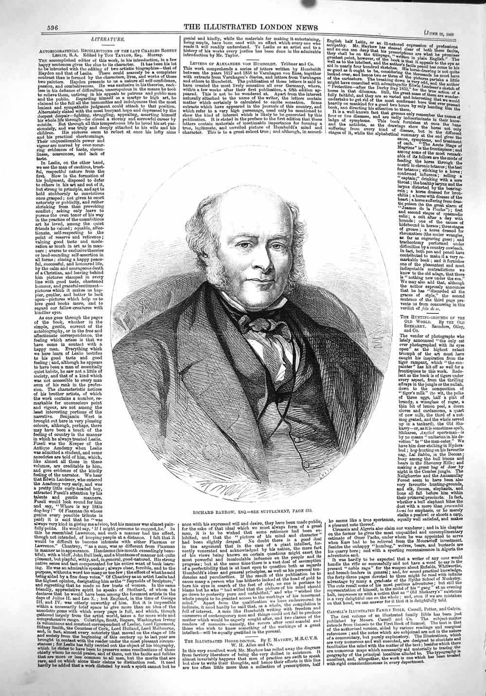 Original Old Antique Print 1860 Portrait Richard Barrow Man 19th