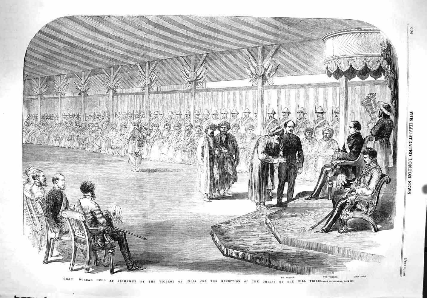 Original Old Antique Print 1860 Durbar Peshawur Viceroy India Hill Tribes Clyde