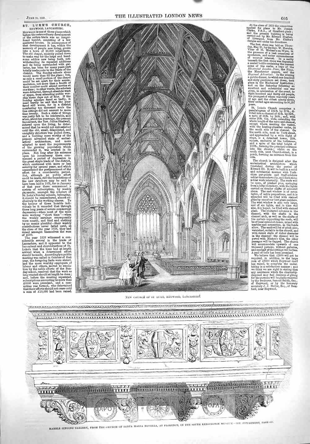 Old Antique Print 1860 Church St. Luke Heywood Lancashire Marble Florence 19th