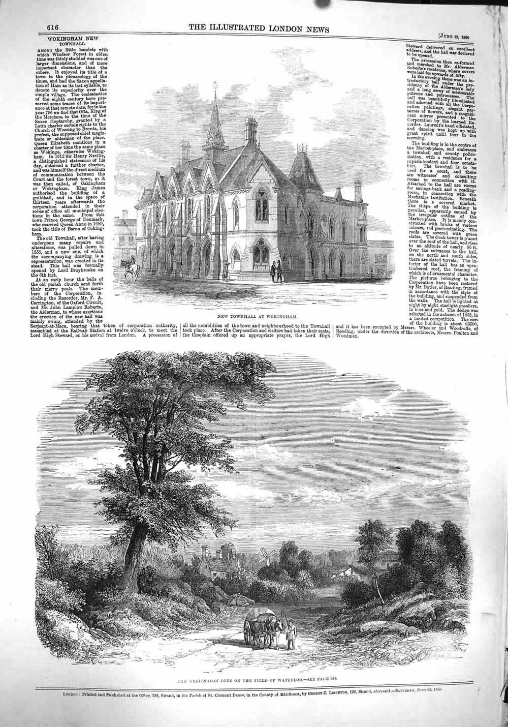 Original Old Antique Print 1860 Townhall Wokingham Wellington Tree Field W 19th