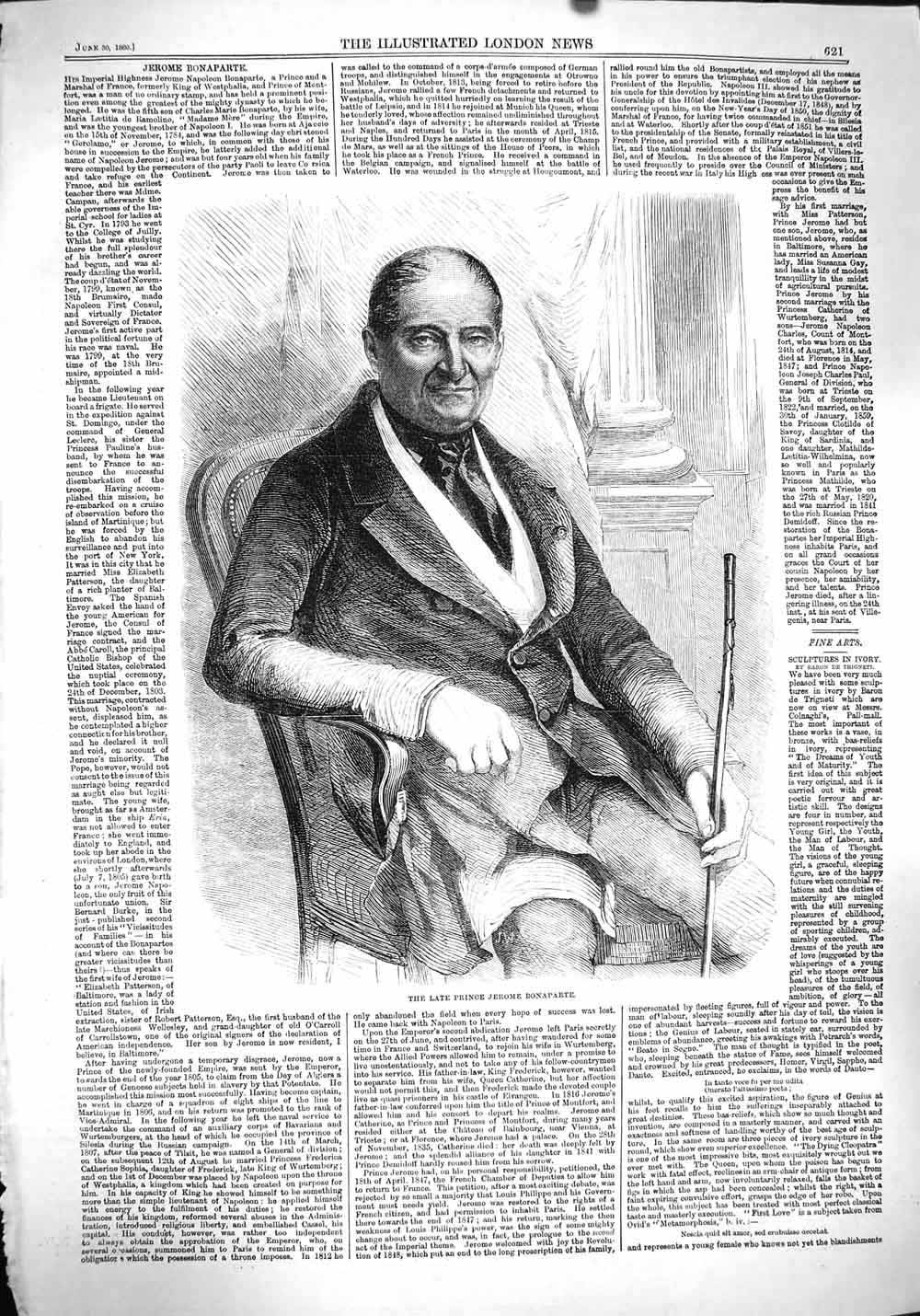 Original Old Antique Print 1860 Portrait Prince Jerome Bonaparte 19th