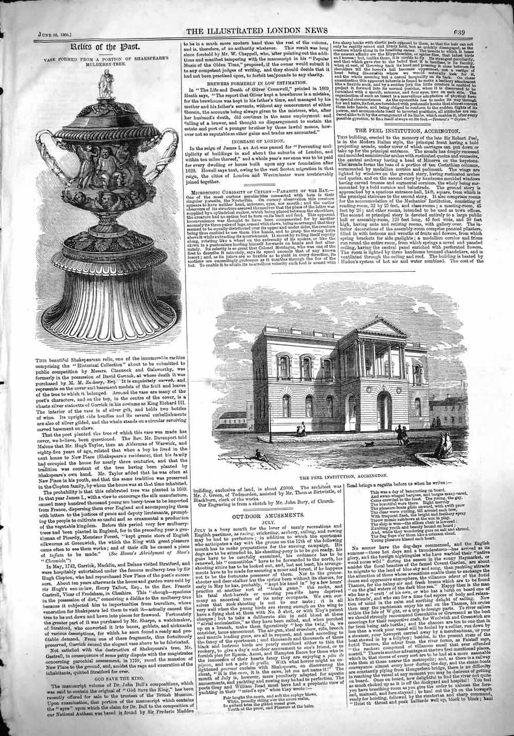 Original Old Antique Print 1860 Peel Institution Accrington Vase Shakespea 19th