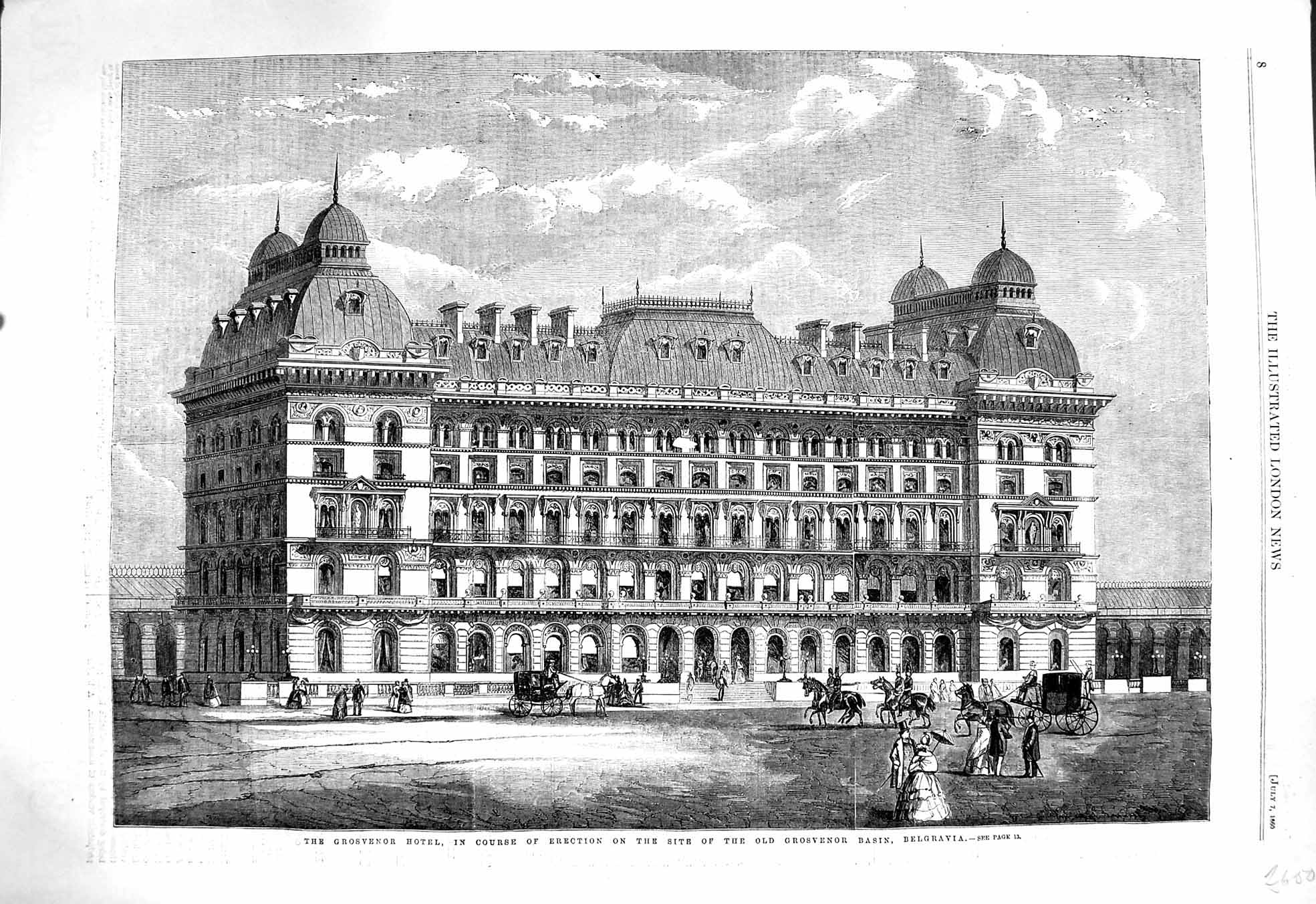 Original Old Antique Print 1860 Grosvenor Hotel Basin Belgravia Architecture
