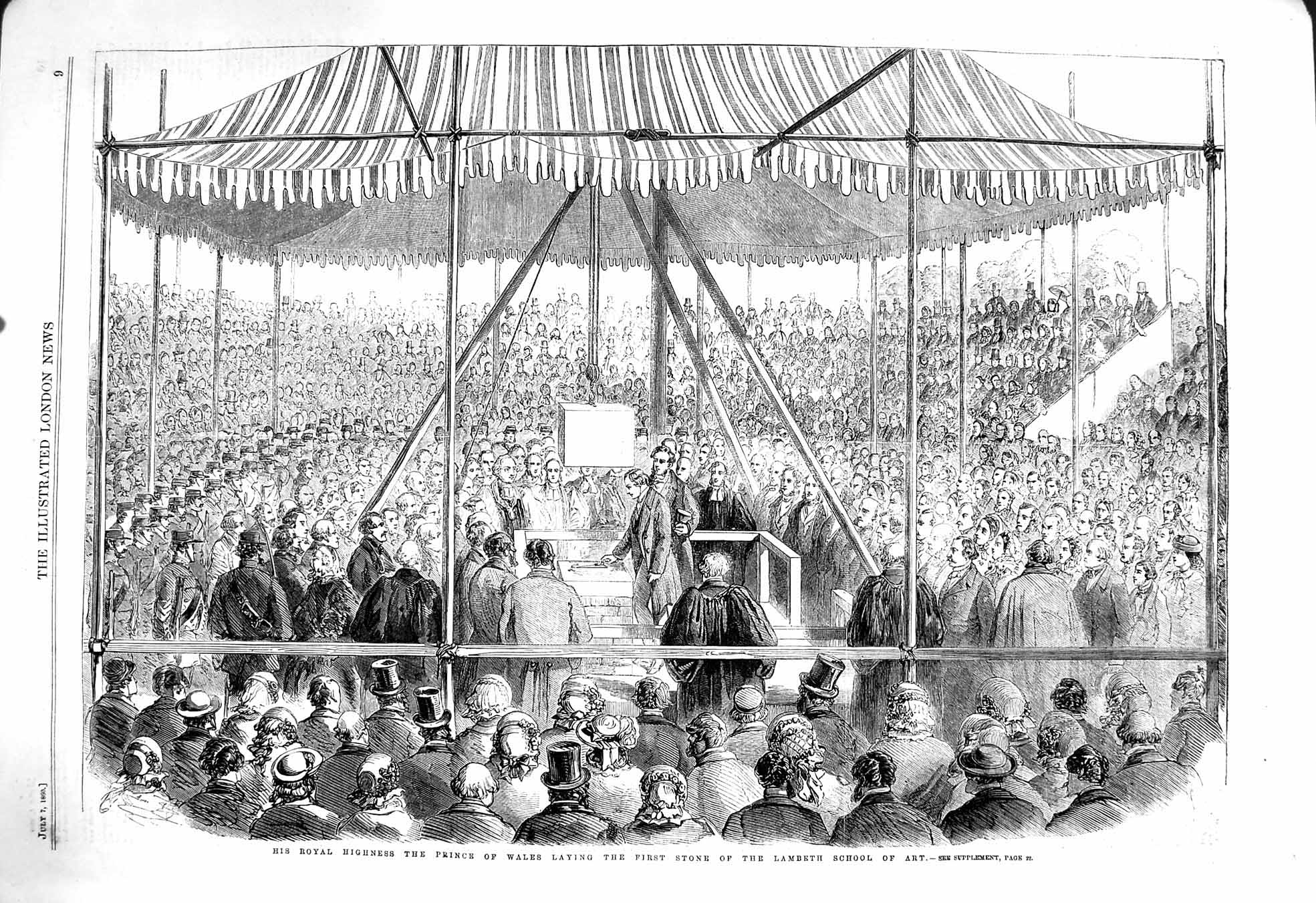 Original Old Antique Print 1860 Prince Wales Laying Stone Lambeth School Art