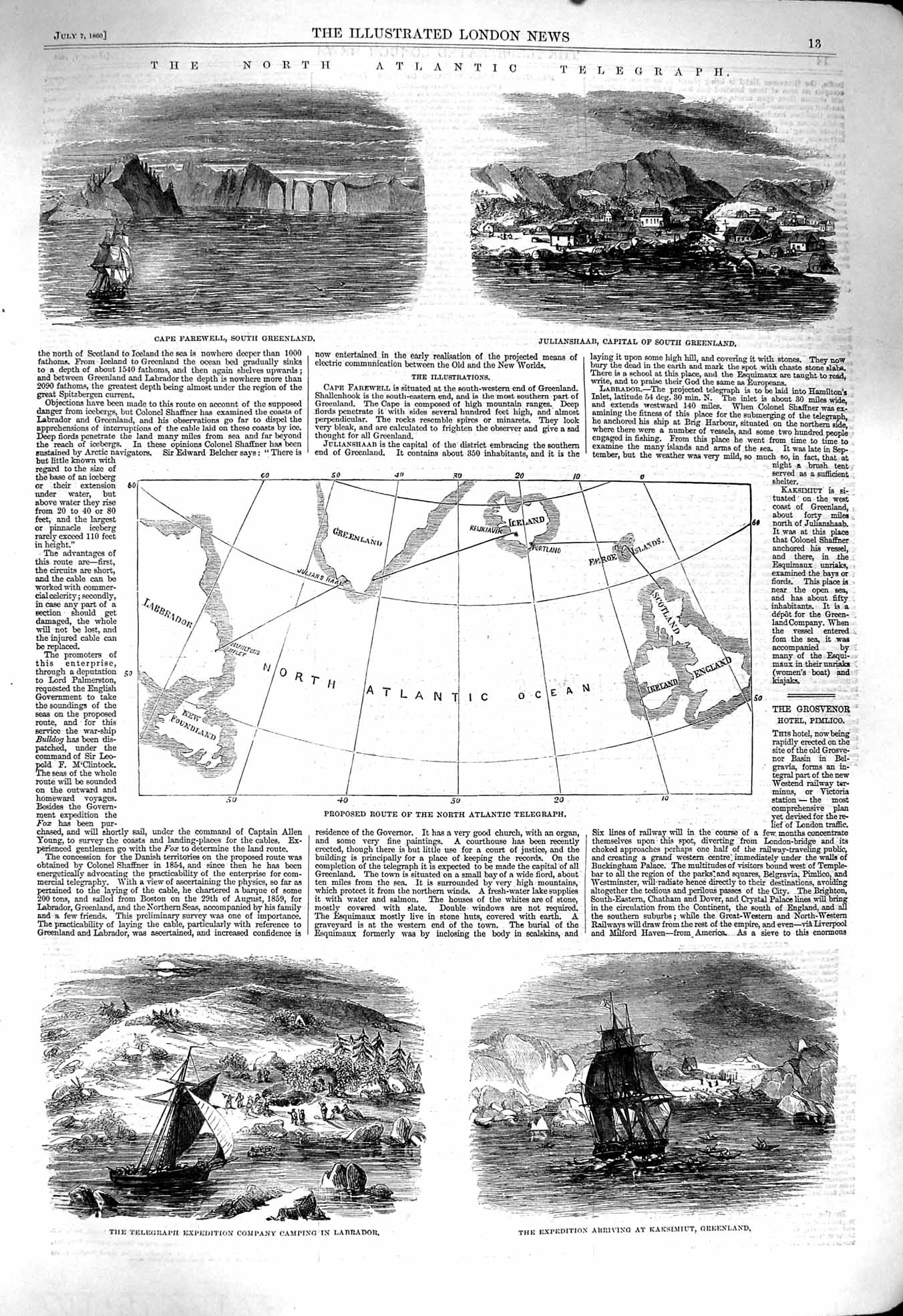 Original Old Antique Print 1860 Atlantic Telegraph Greenland Labrador Farewell