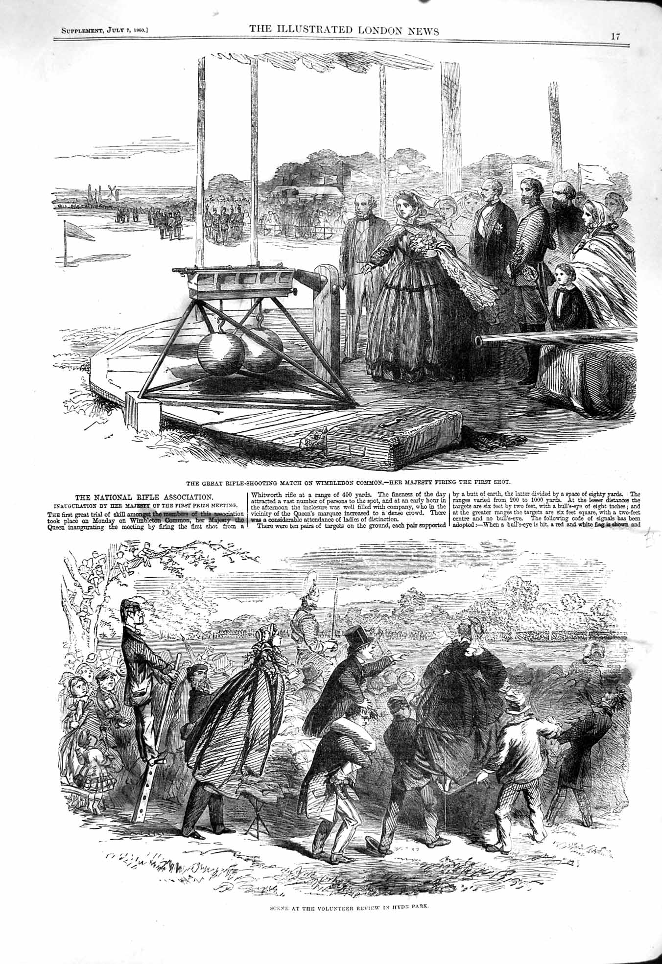 Original Old Antique Print 1860 Rifle Shooting Match Wimbledon Hyde Park 19th