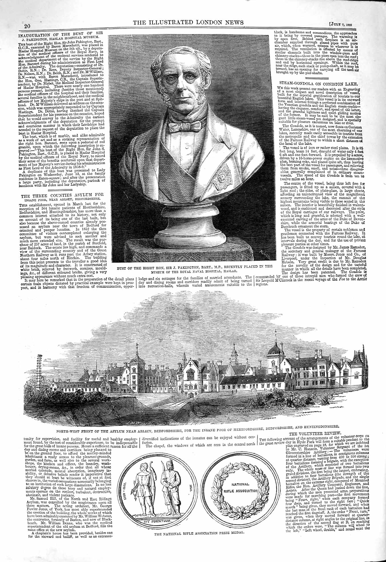 Original Old Antique Print 1860 Bust Pakington Asylum Arlsey Bedfordshir 19th