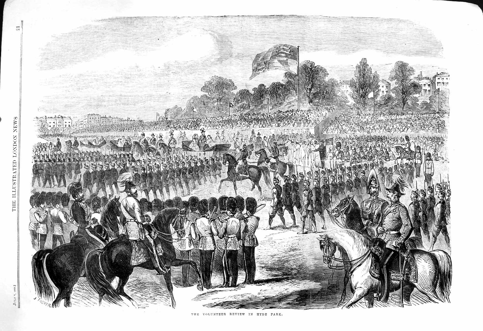 Original Old Antique Print 1860 Volunteer Siers Review Hyde Park London Horses