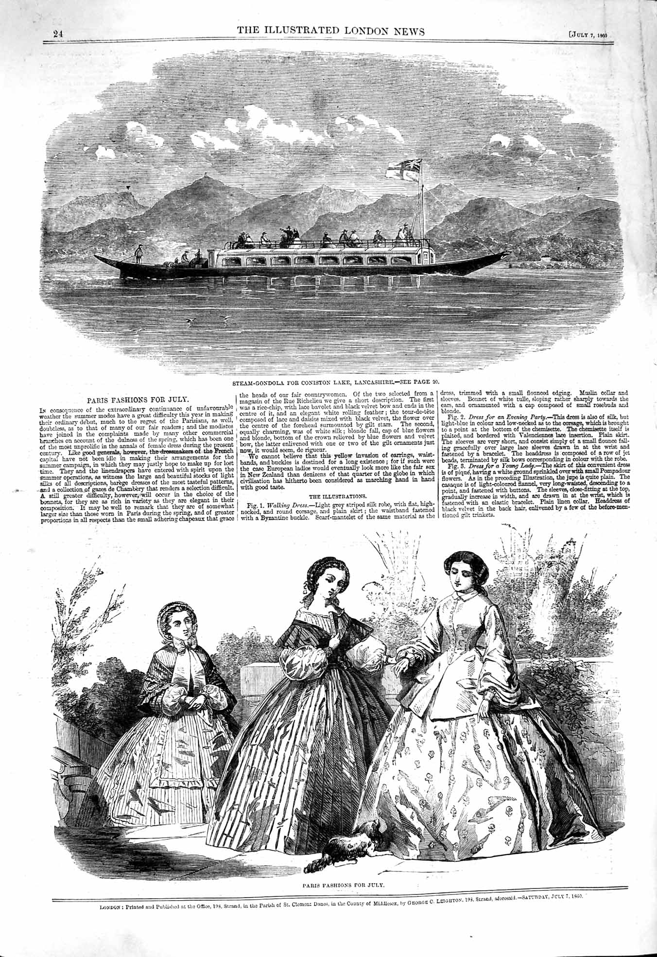 Original Old Antique Print 1860 Paris Fashion Steam-Gondola Coniston Lan 19th