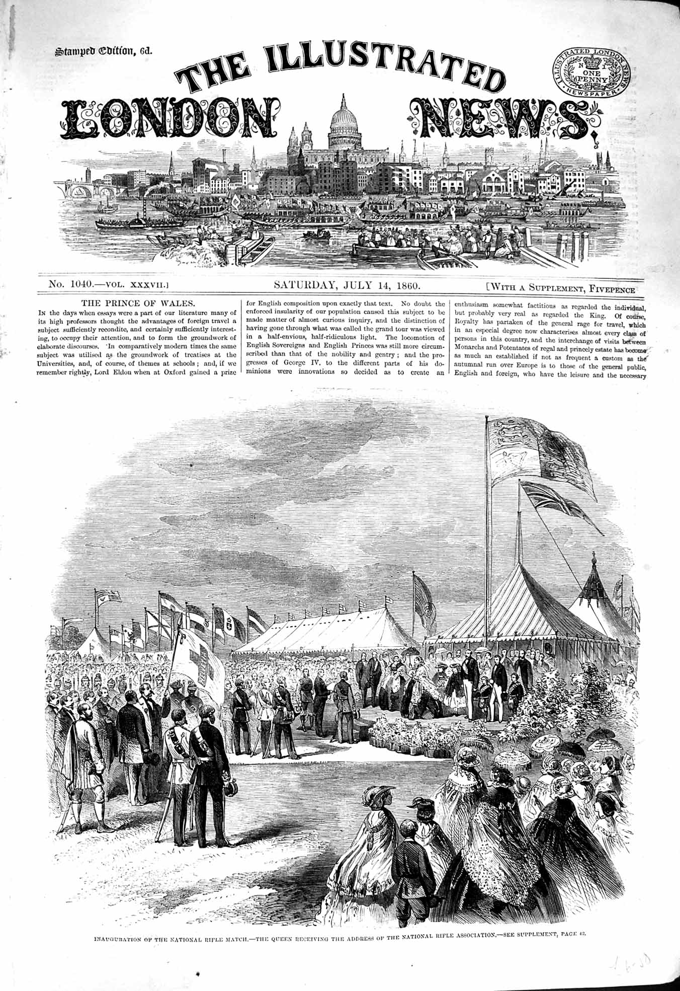 Original Old Antique Print 1860 Inauguration National Rifle Match Queen Address