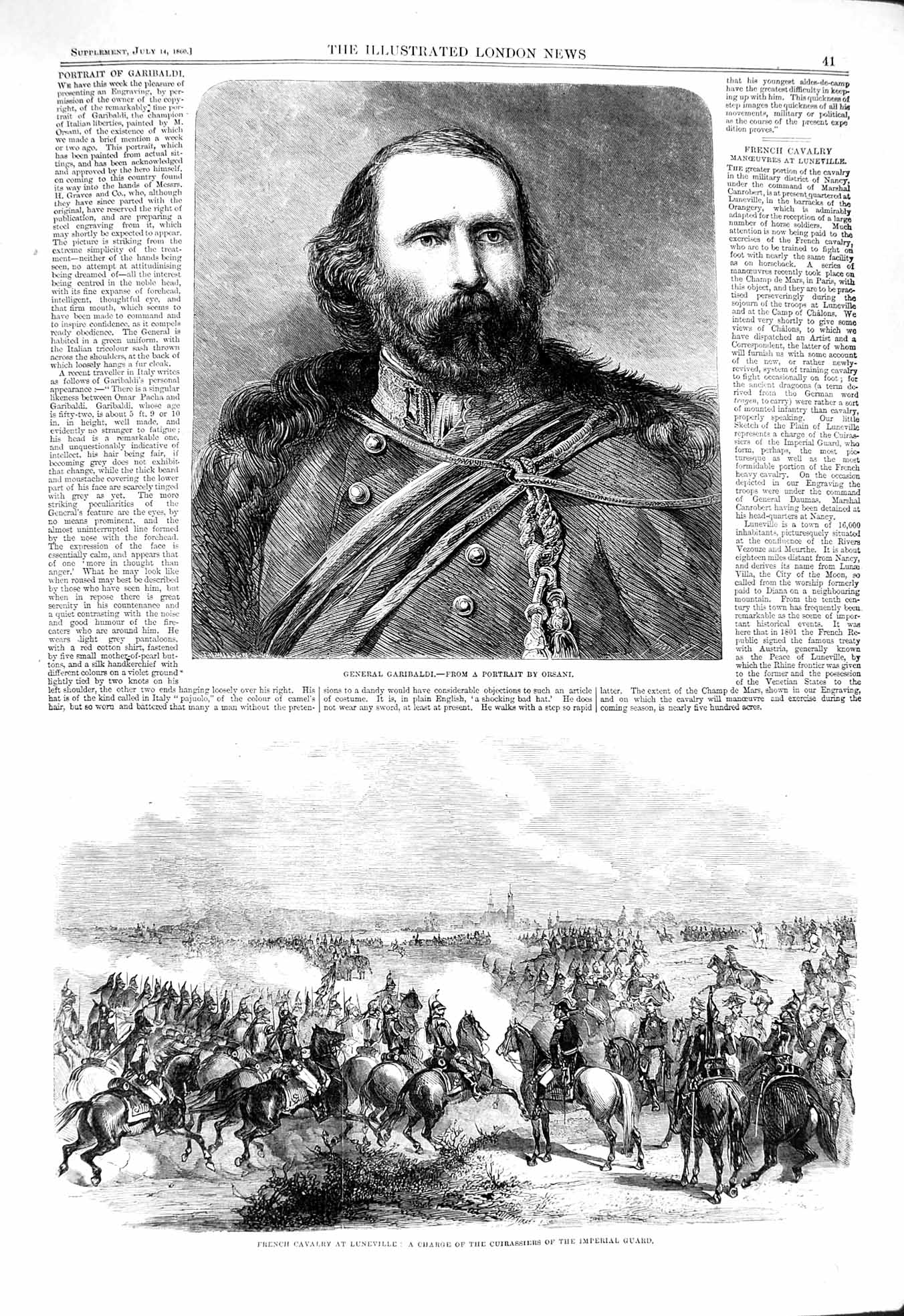 Original Old Antique Print 1860 General Garibaldi French Army Luneville War 19th