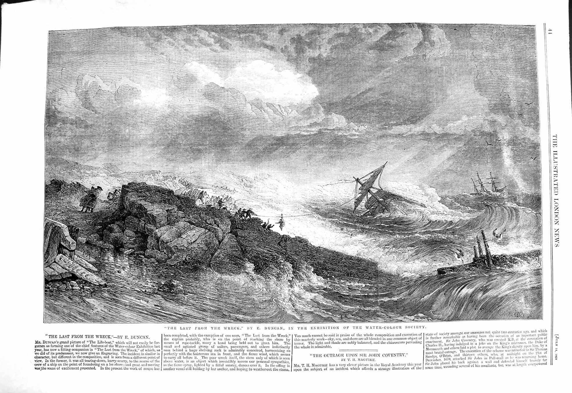 Original Old Antique Print 1860 Stormy Sea Ship Wreck Life-Boat Rescue Duncan