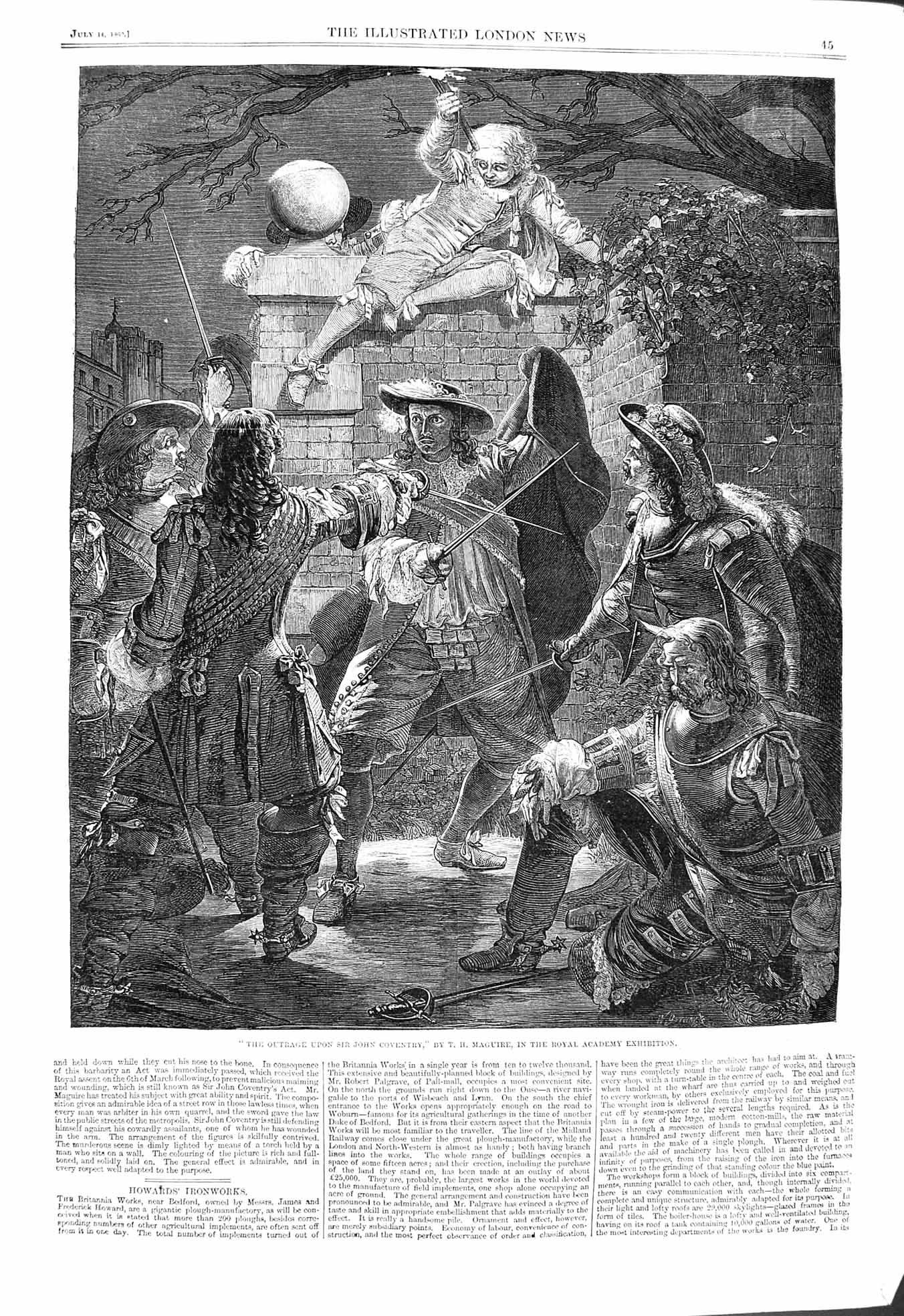 Original Old Antique Print 1860 Scene Outrage Sir John Coventry Royal Academy