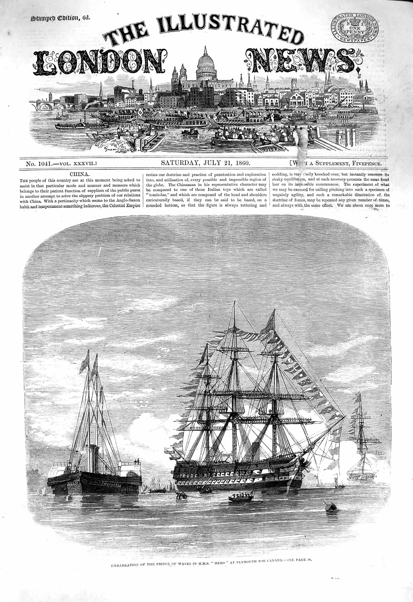 Original Old Antique Print 1860 Embarkation Prince Wales Ship Hero Plymouth