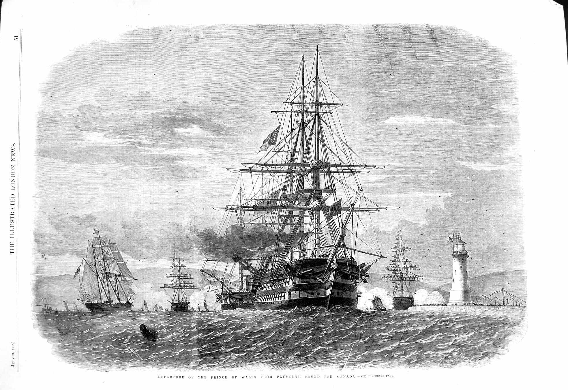 Old Antique Print 1860 Prince Wales Ship Plymouth Sound Canada Lighthouse 19th