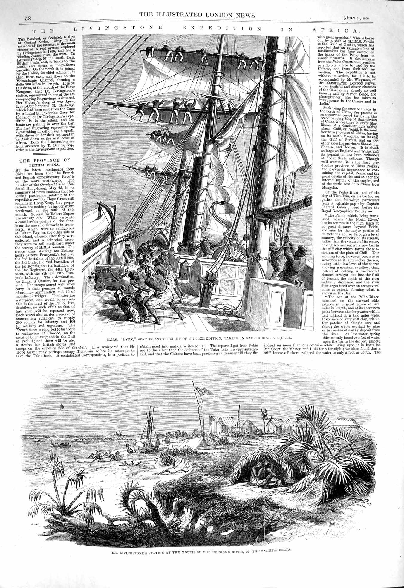 Old Antique Print 1860 Ship H.M.S. Lynx Livingstone Kongone River Zambesi 19th