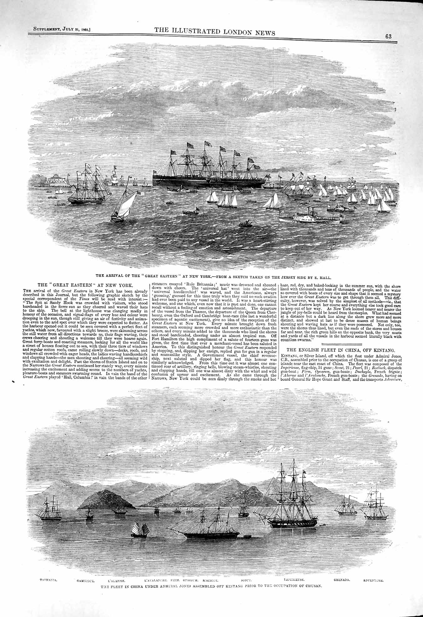 Original Old Antique Print 1860 Great Eastern Ship Jones Kintang Scout Grenada