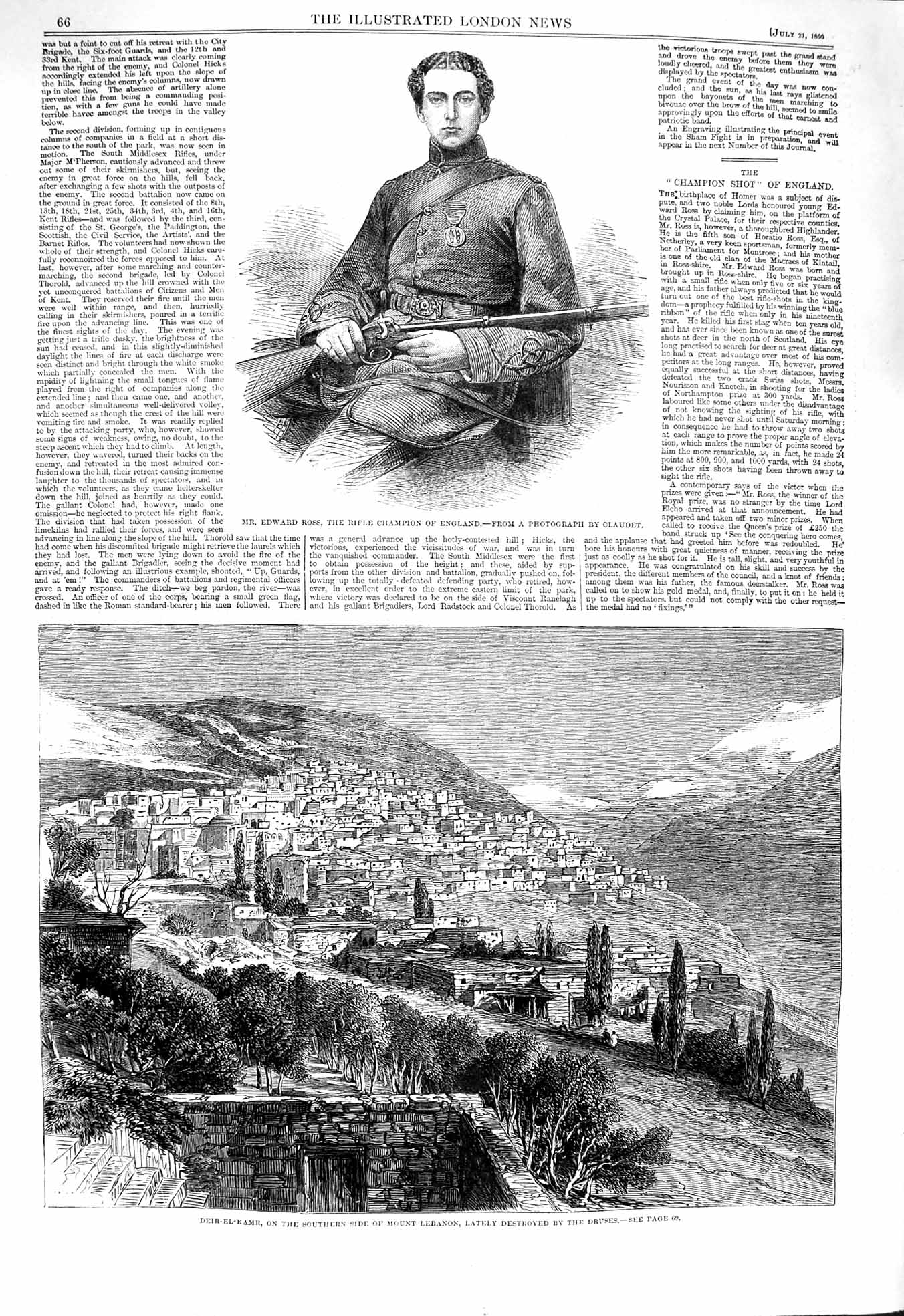 Original Old Antique Print 1860 Edward Ross Rifle Deir-El-Kamr Mount Lebanon
