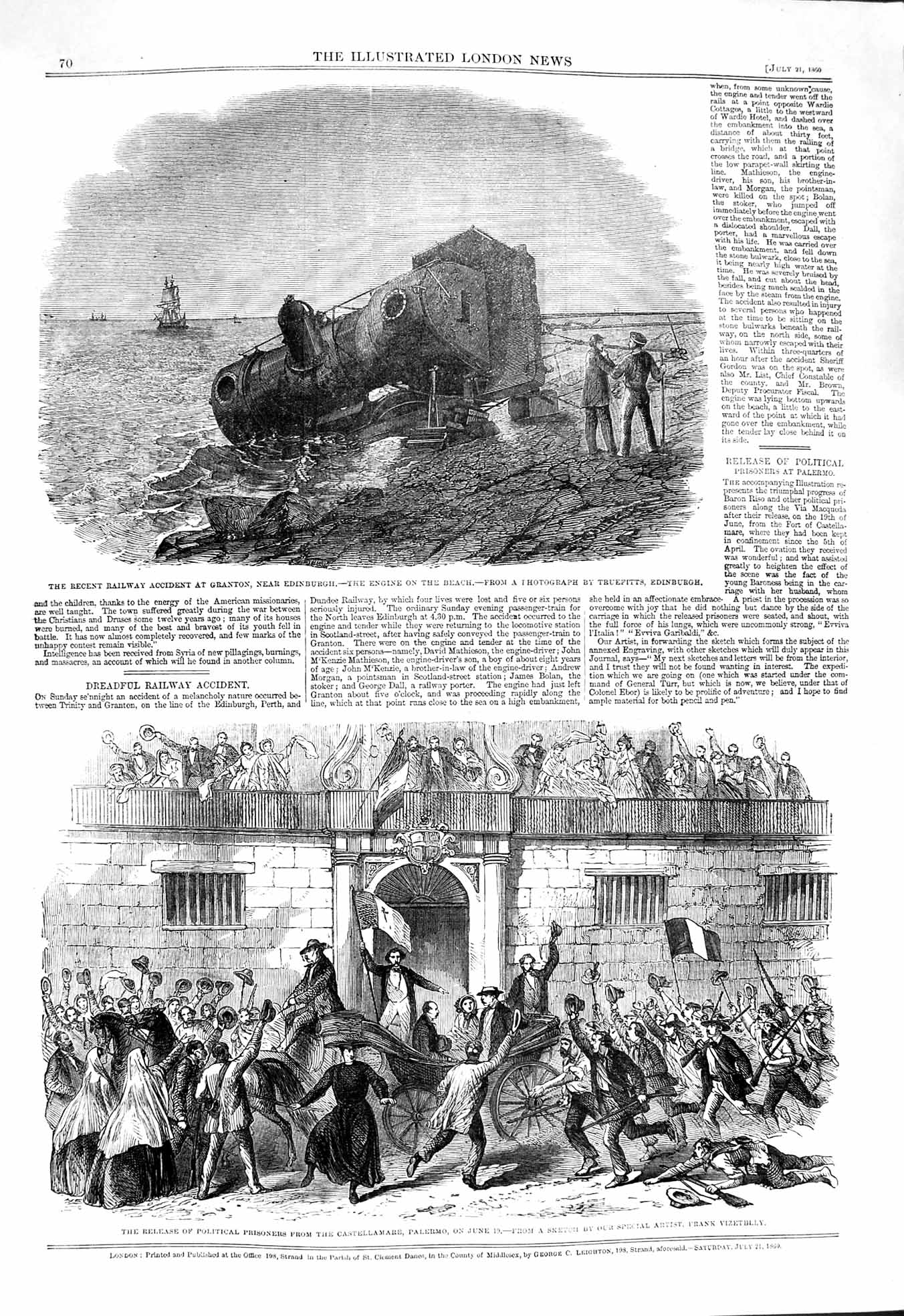 Original Old Antique Print 1860 Railway Train Crash Granton Edinburgh Palermo