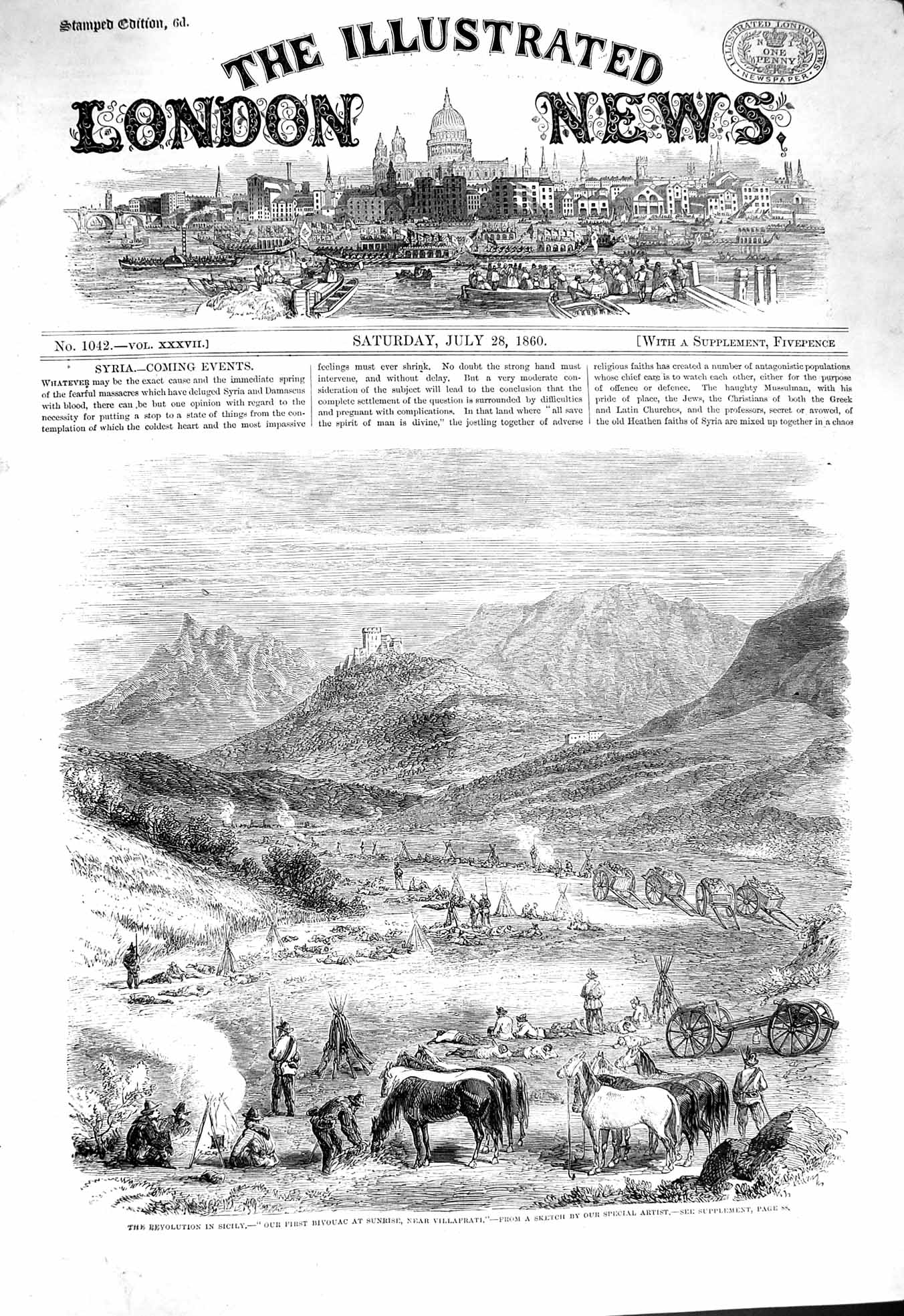Old Antique Print 1860 Revolution Sicily Bivouac Sunrise Villafrati War 19th