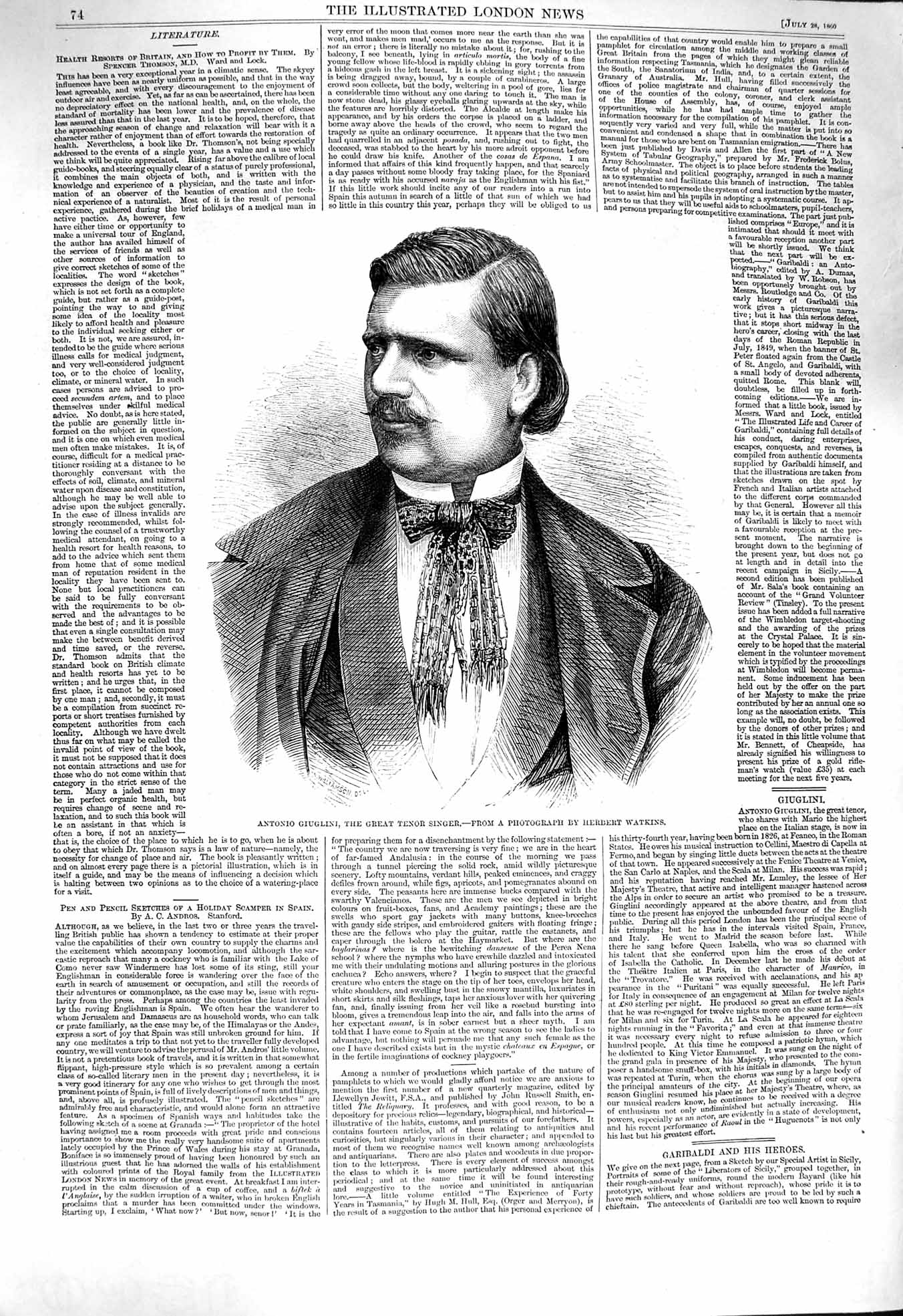Original Old Antique Print 1860 Portrait Antonio Giuglini Tenor Singer 19th