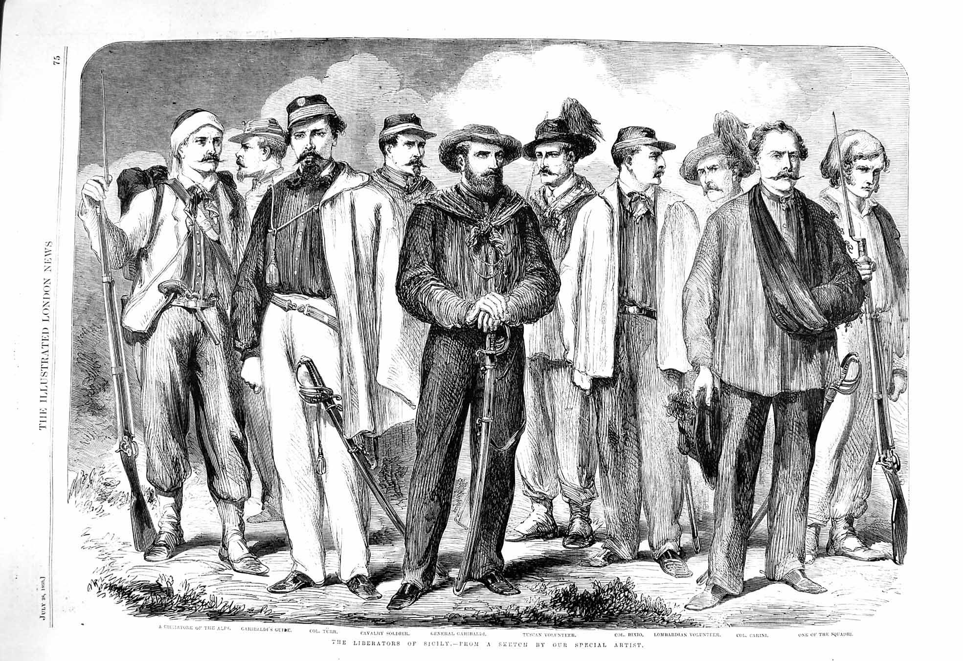 Original Old Antique Print 1860 Liberators Sicily Garibaldi Carini Bix Victorian