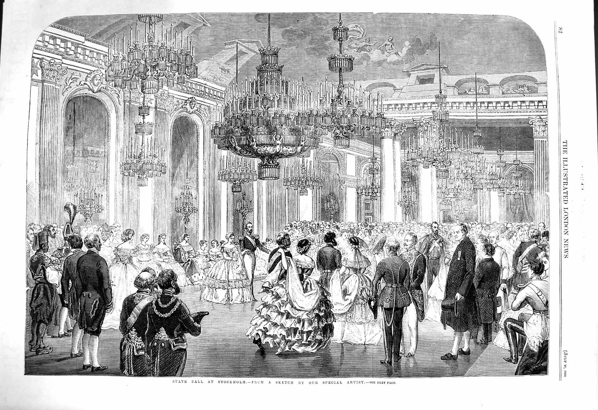 Old Antique Print 1860 State Ball Stockholm Dancing Romance Chandeliers 19th