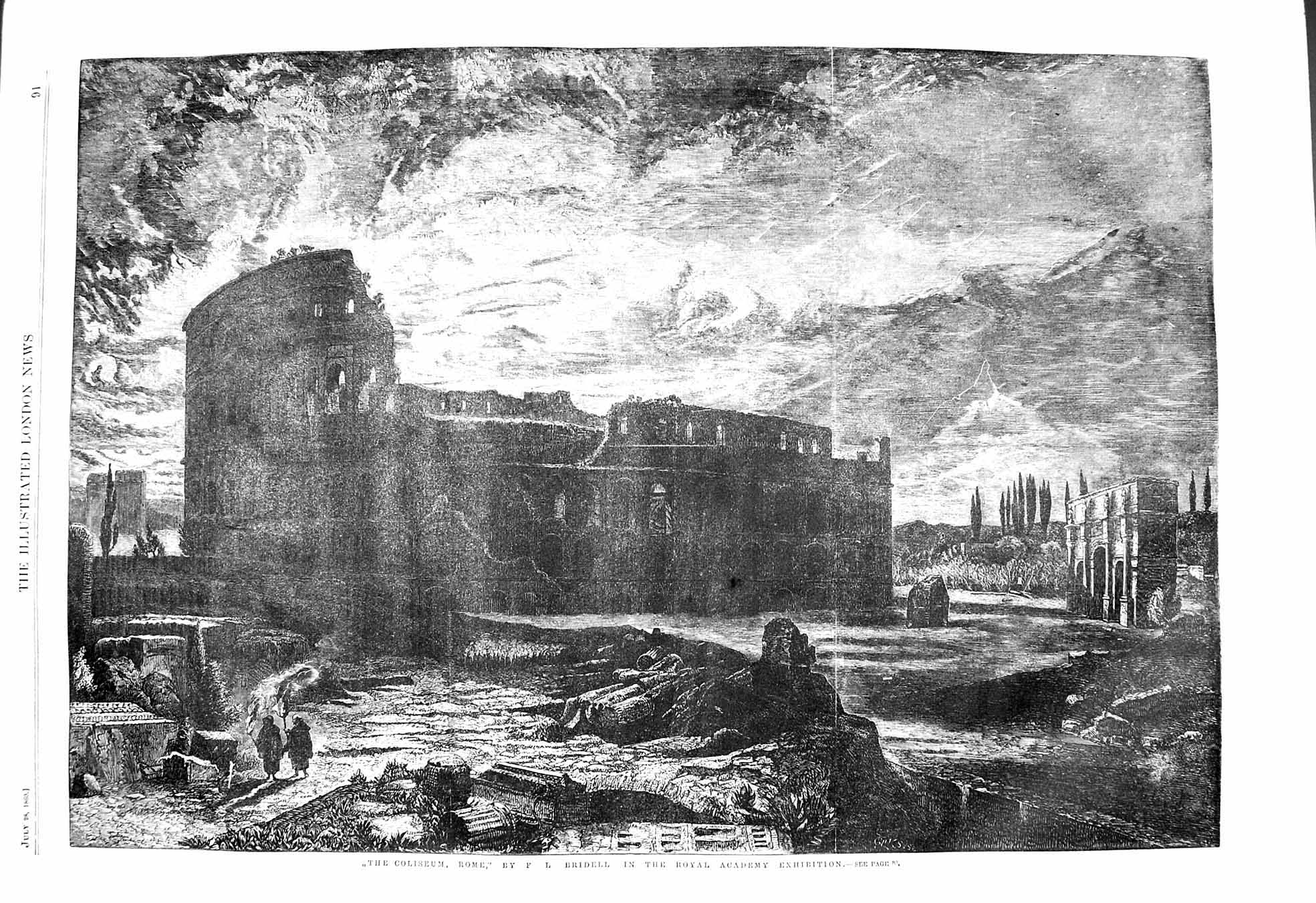 Old Antique Print 1860 Colliseum Rome Italy Fine Art Bridell Exhibition 19th