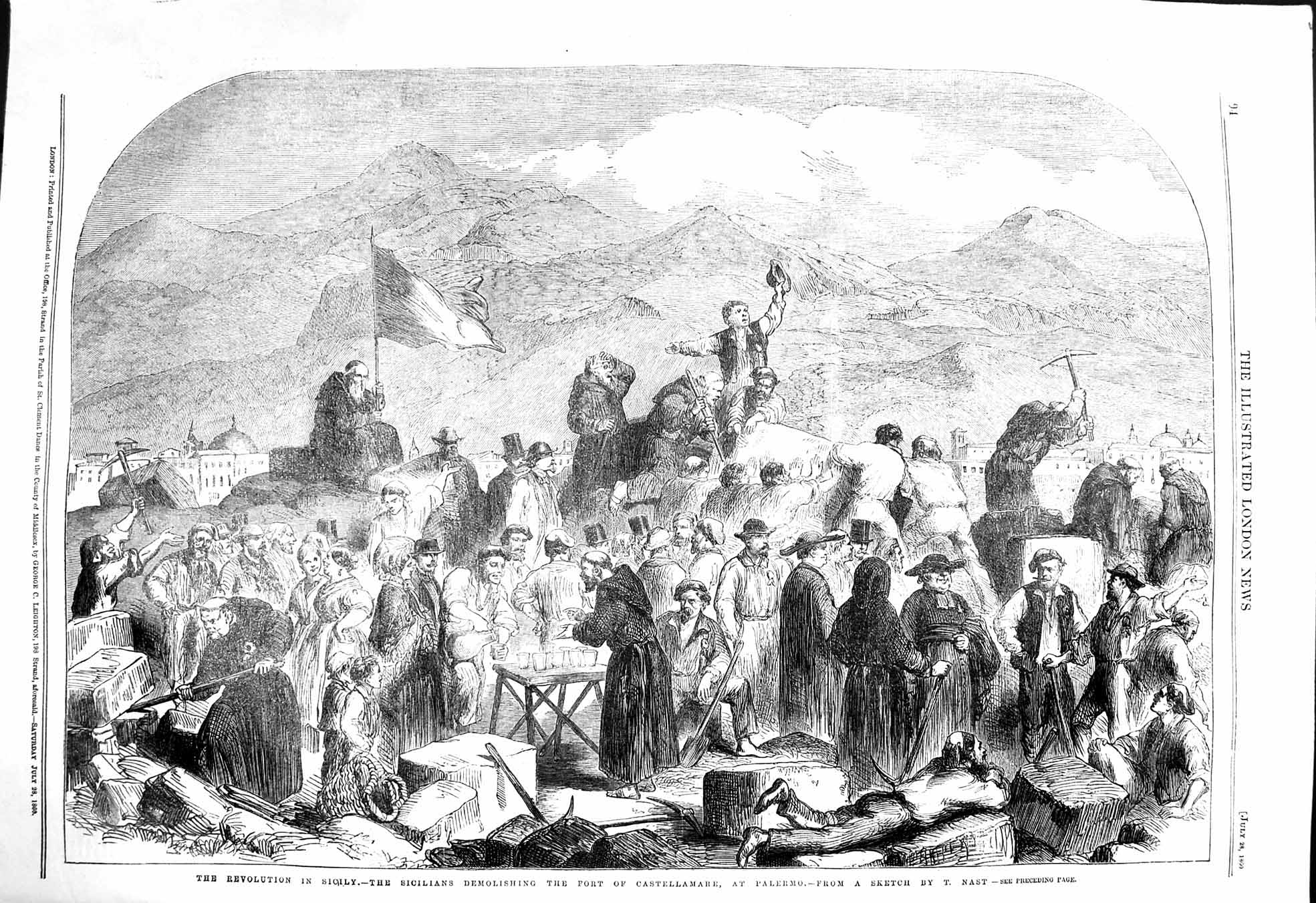 Original Old Antique Print 1860 Revolution Sicily Fort Castellamare Palermo