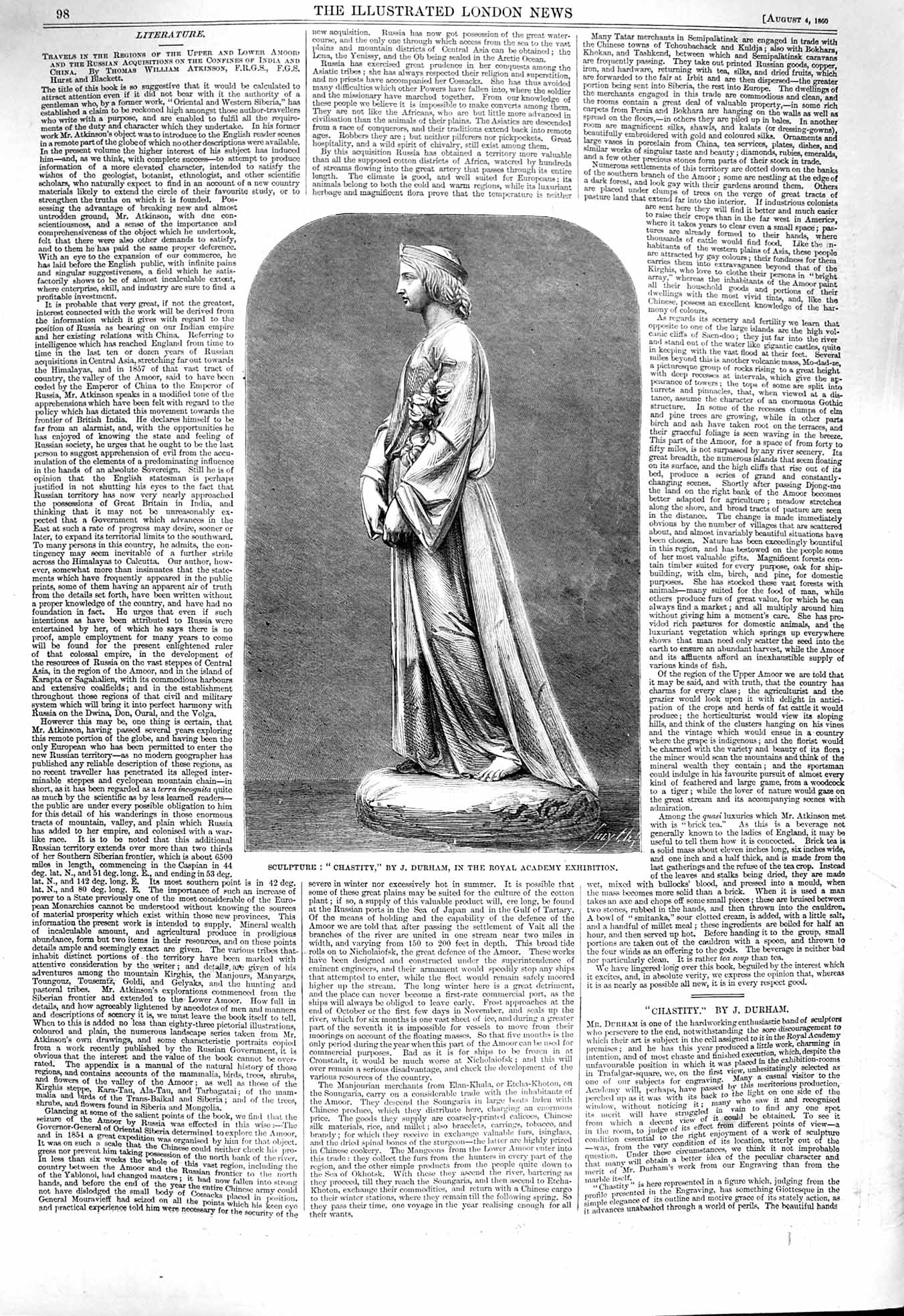 Original Old Antique Print 1860 Sculpture Statue Chastity Durham Royal Academy