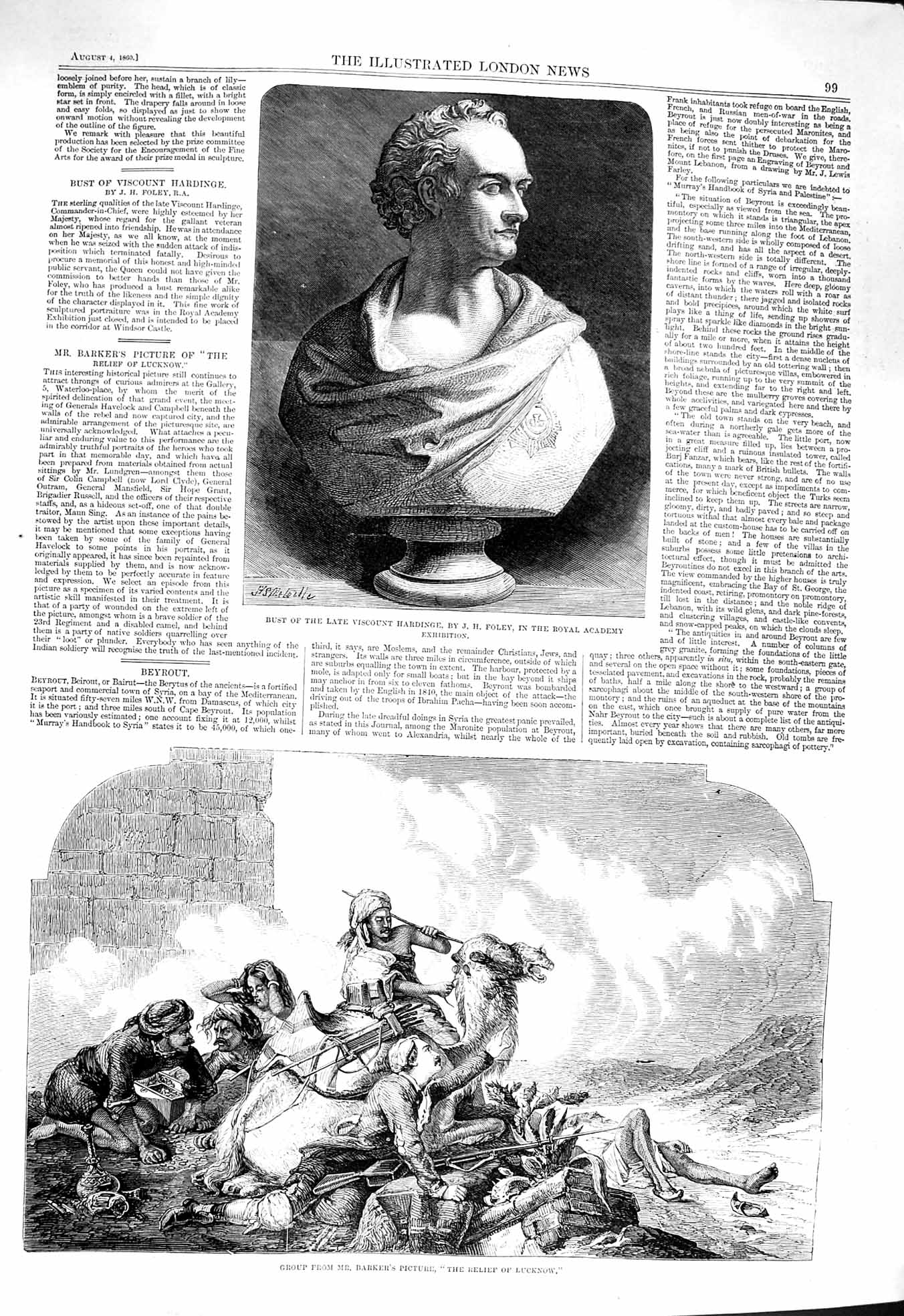 Original Old Antique Print 1860 Bust Viscount Hardinge Relief Lucknow Barkers