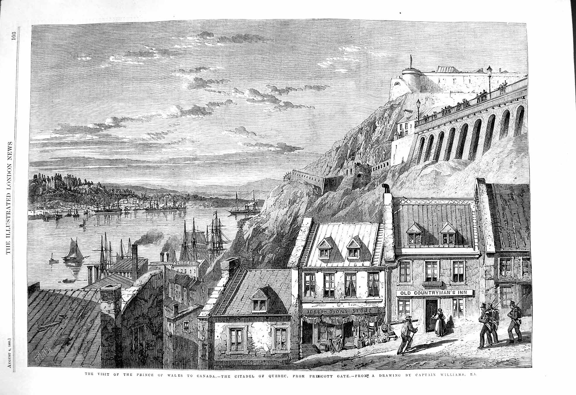 Old Antique Print 1860 Prince Wales Canada Citadel Quebec Prescott Gate 19th