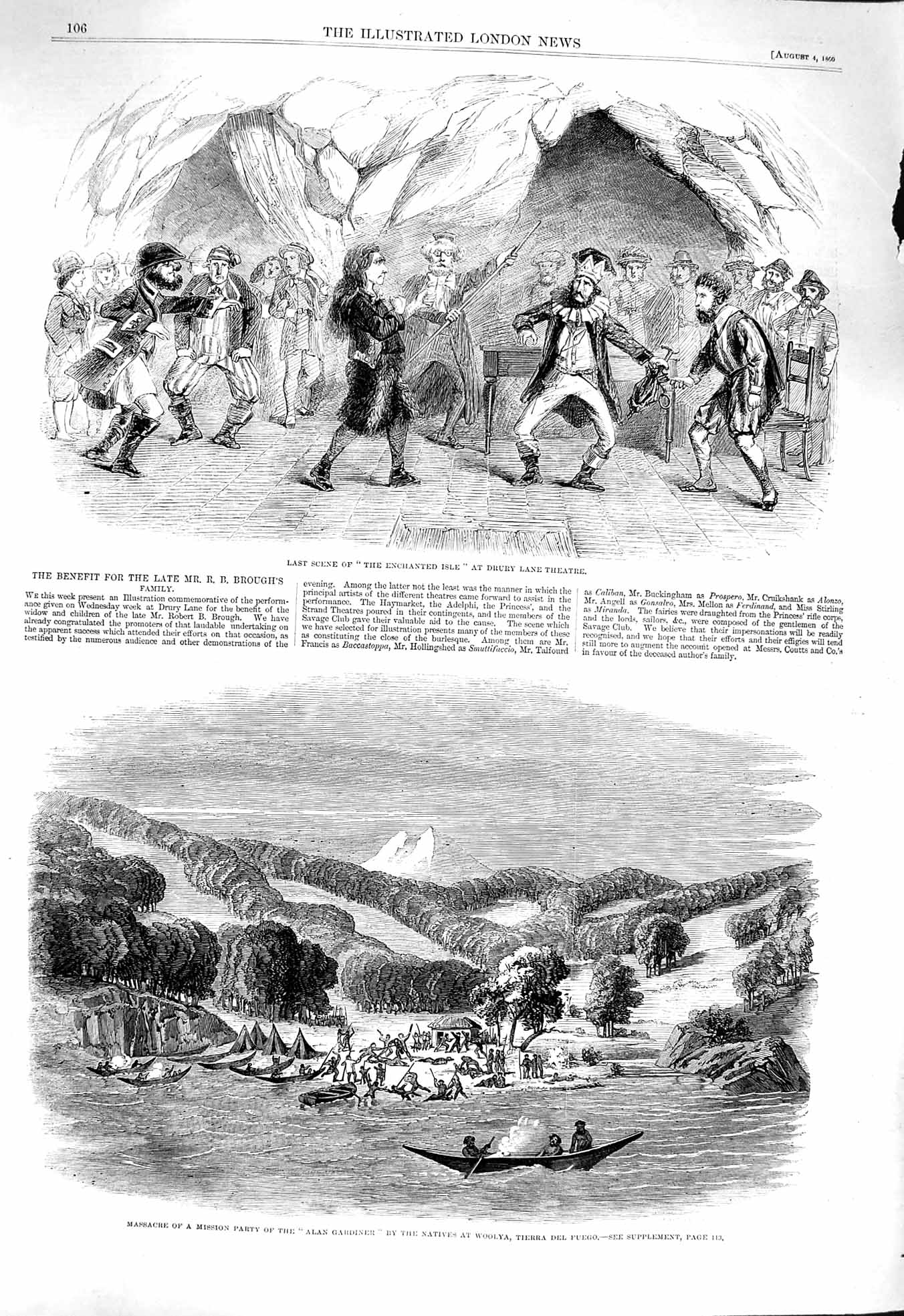 Original Old Antique Print 1860 Enchanted Drury Theatre Massacre Gardine 19th