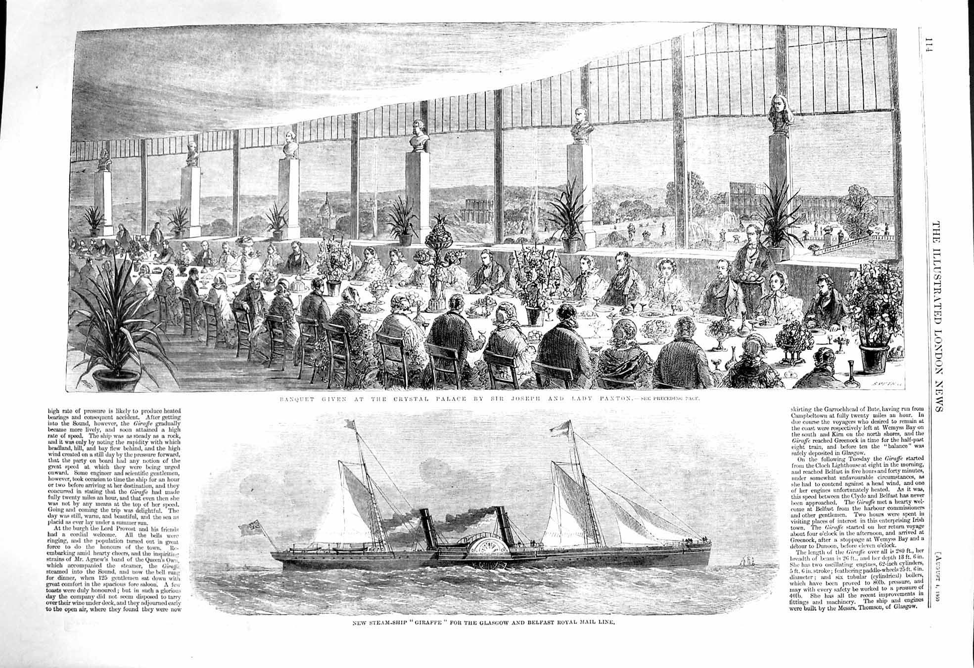 Original Old Antique Print 1860 Banquet Joseph Lady Paxton Giraffe Ship Glasgow